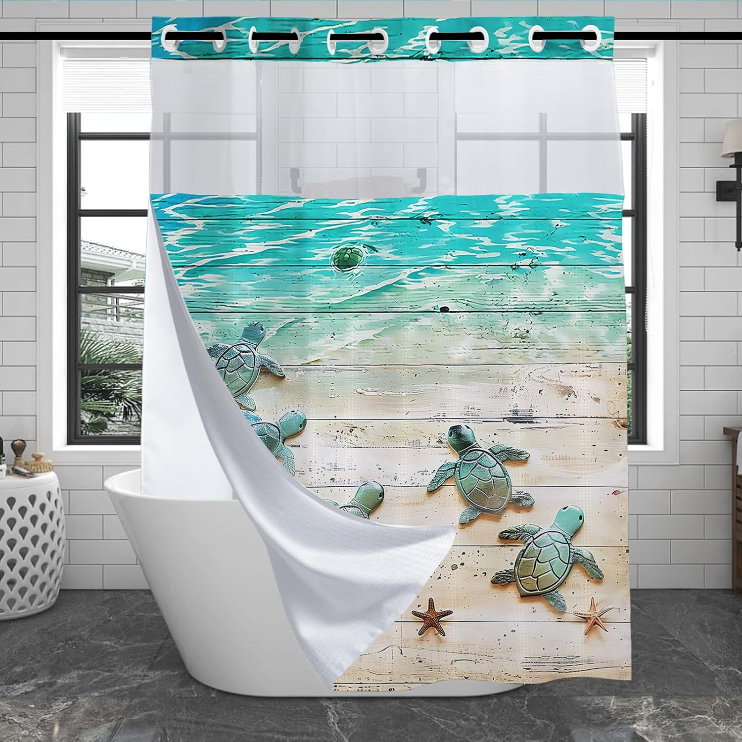 Turtle Cute Shower Curtain for Bathroom, Waterproof Waffle Kids Ocean Coastal Shower Curtain with Snap in Fabric Liner Set, Heavy Duty Shower Curtains Hotel Spa Luxury Polyester 72Wx74H No Hook