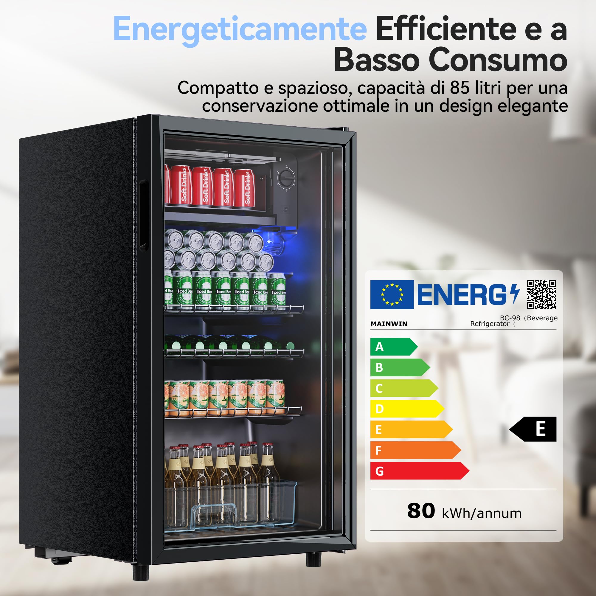 JUMMICO Frigorifero per bevande, 93 l, piccolo con illuminazione LED blu, frigorifero per birra con porta di design in vetro, con 3 ripiani e portabottiglie per soda/birra/vino [Classe di efficienz