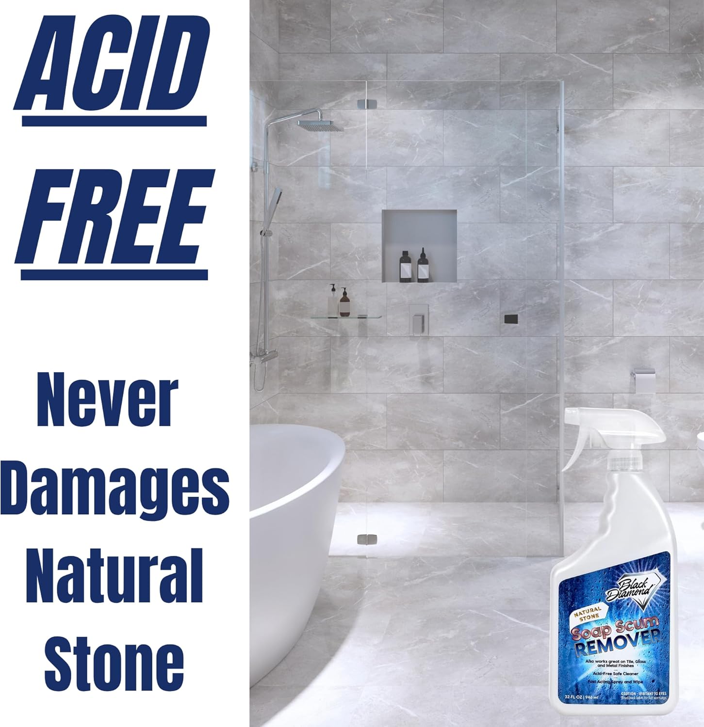 Black Diamond Stoneworks Natural Stone Shower Soap Scum Remover Spray. For Cleaning Bathtubs, Glass Doors, Tubs, Travertine, Marble, Tile. Heavy Duty, Safe Acid-Free Cleaner. Safe for fixtures. - Image 5