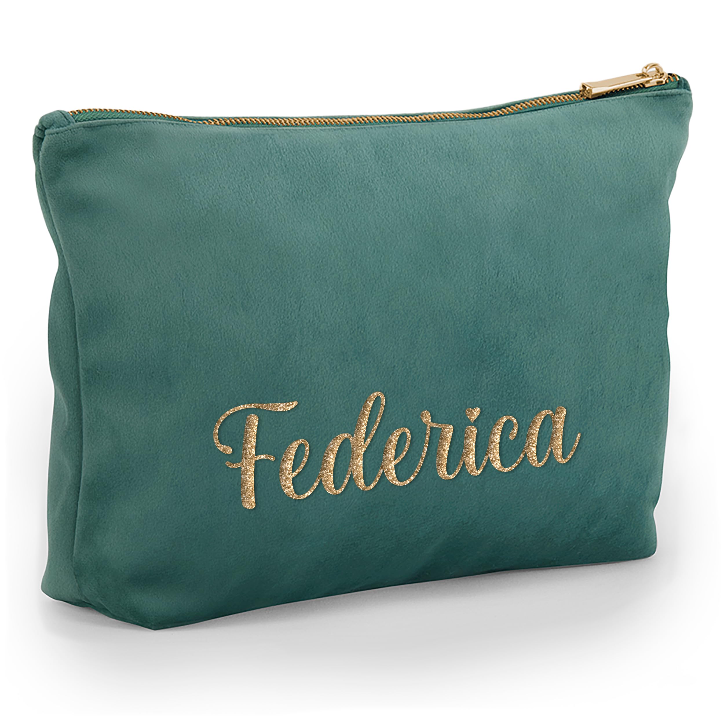 Pochette in Velluto Personalizzata con Nome Iniziali Testo - Borsa per Trucchi, Cosmetica, da Viaggio, con Cerniera - Idea Regalo Personalizzata per Lei Donna (Verde giada, Grande)