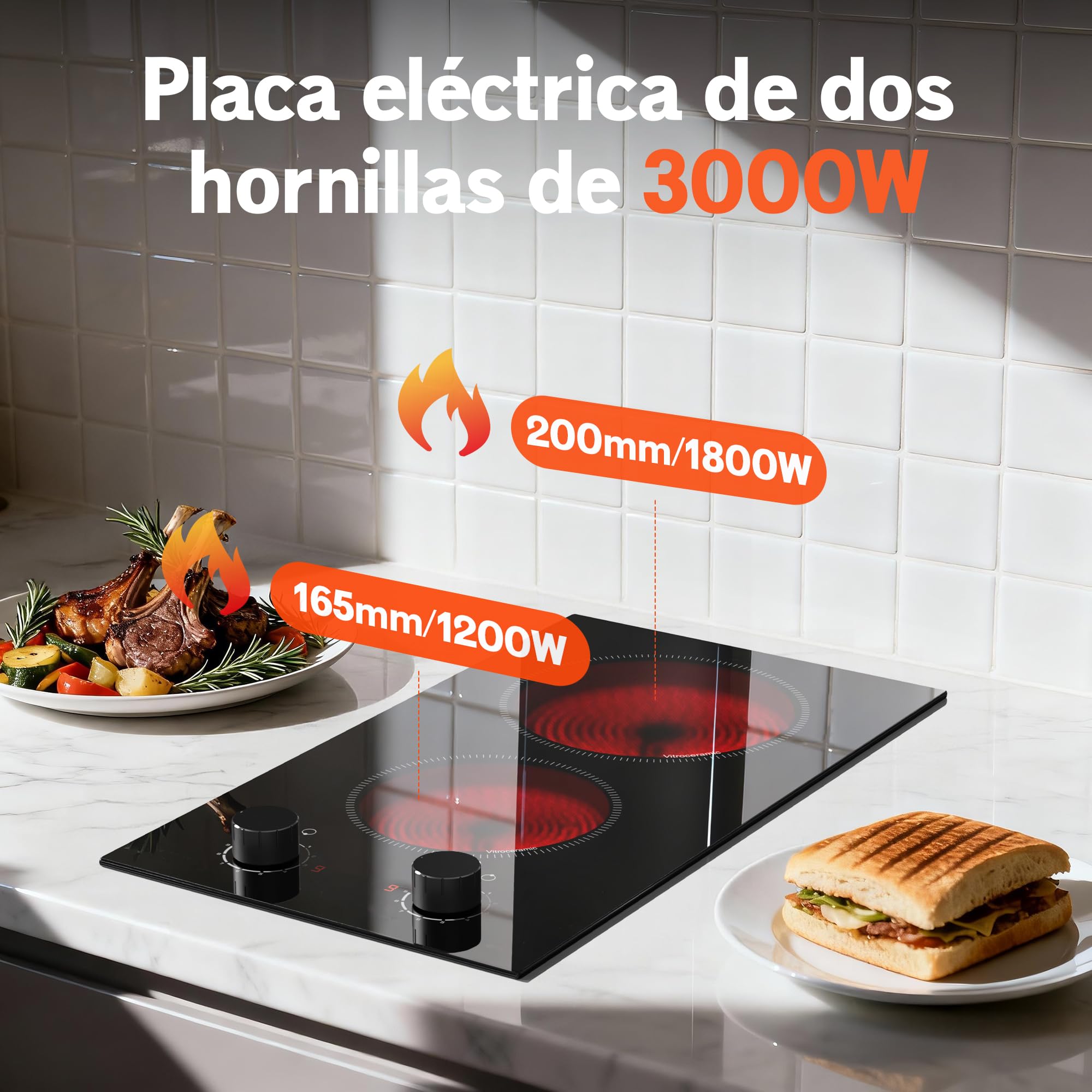 Placa Vitrocerámica 2 Fuegos 30cm, 3000W, Disaenvir Placa Electrica Cocina Empotrable con Botones, 9 Niveles de Potencia, Función de Protección Contra S obrecalentamiento, Control Táctil | 9 niveles de potencia, protección contra sobrecalentamiento, 30 cm