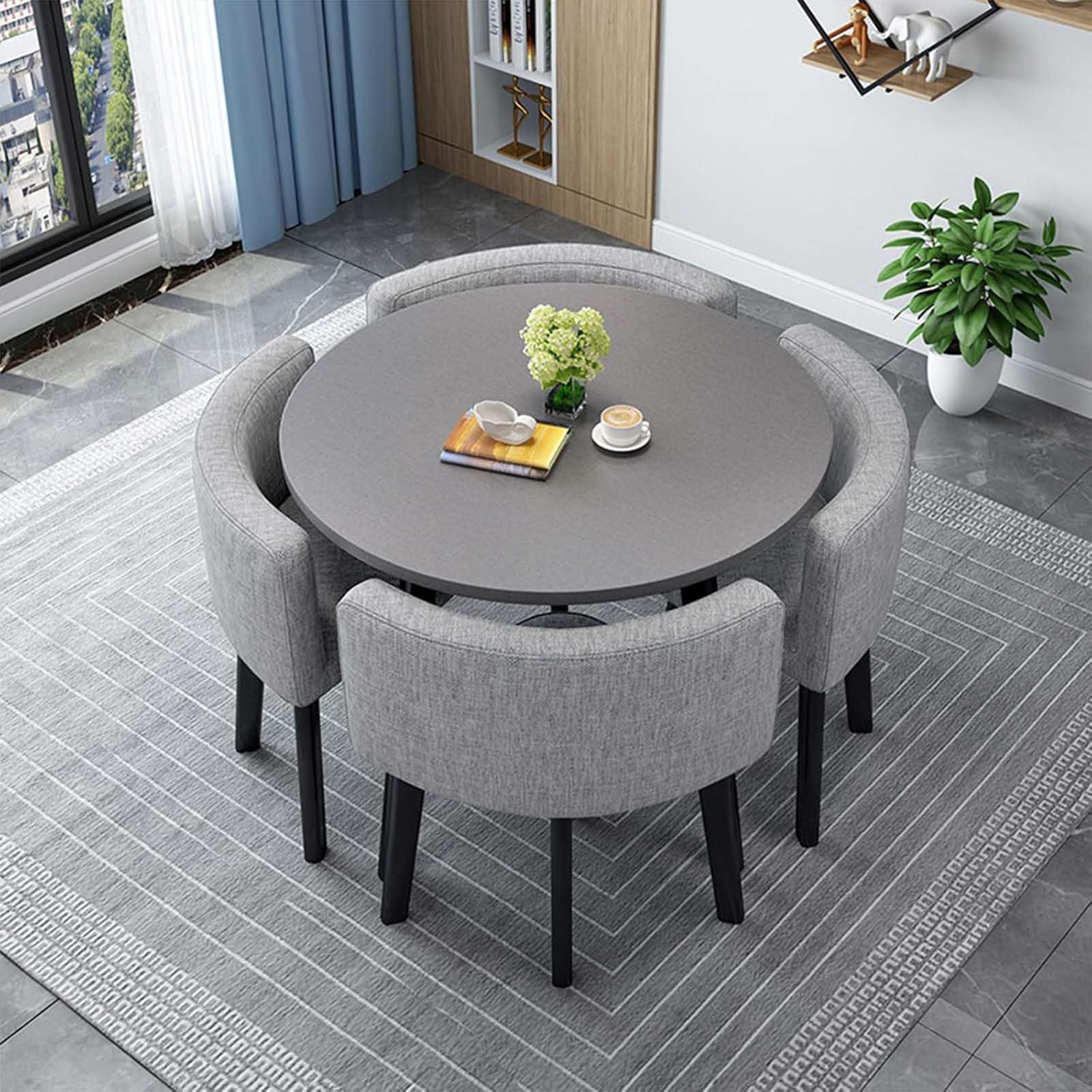 WOTZOV Modern Round Square Dining Table Set With 4 Chairs Wooden Conference Table & Reception Set 80Cm/31.5In Kitchen Furniture Ensemble,W 80cm/31.5in