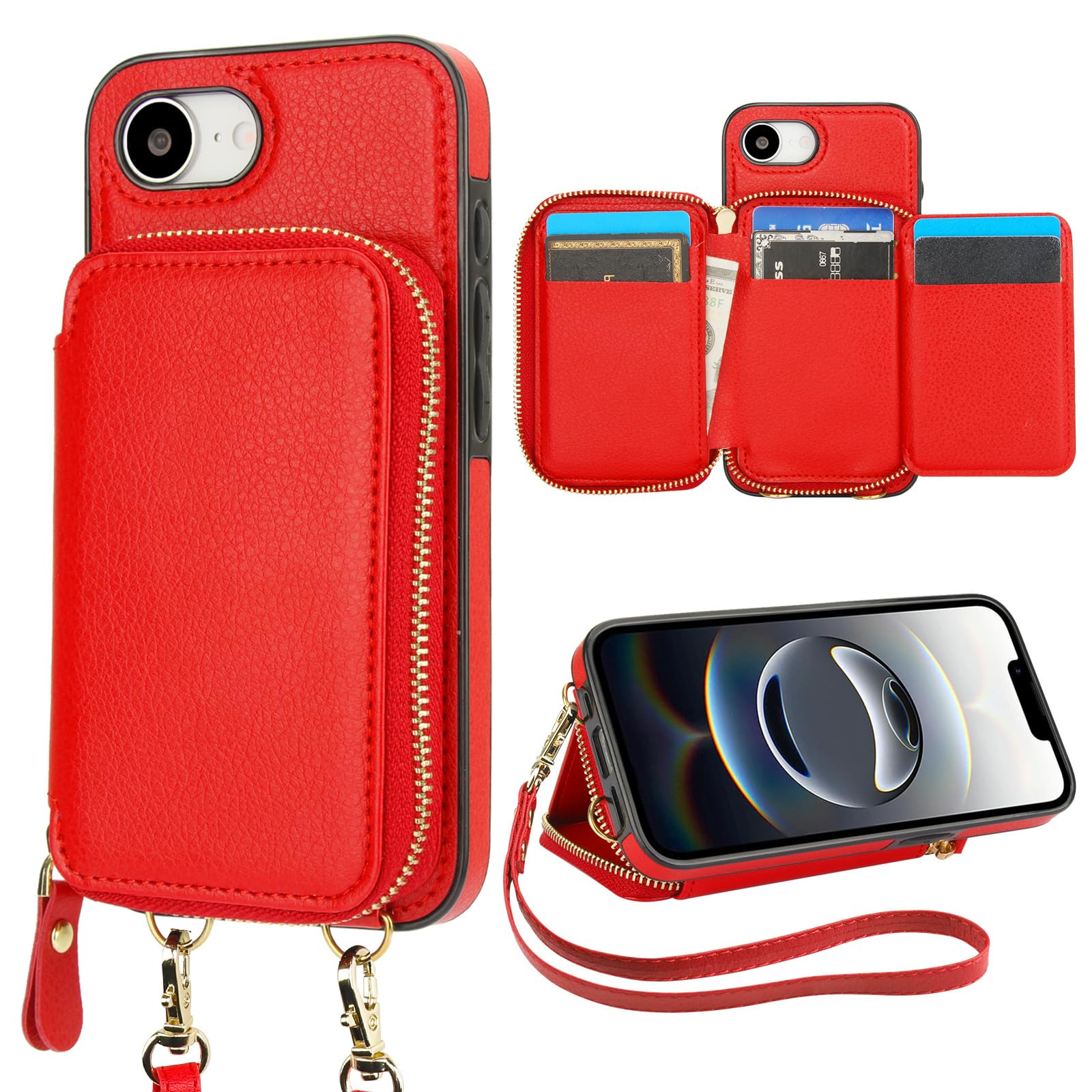 Bocasal Custodia a portafoglio per iPhone 16e, con blocco RFID, regolabile, con cerniera, scomparti per carte di credito, con cavalletto rimovibile, cinturino da polso rimovibile, custodia a libro in