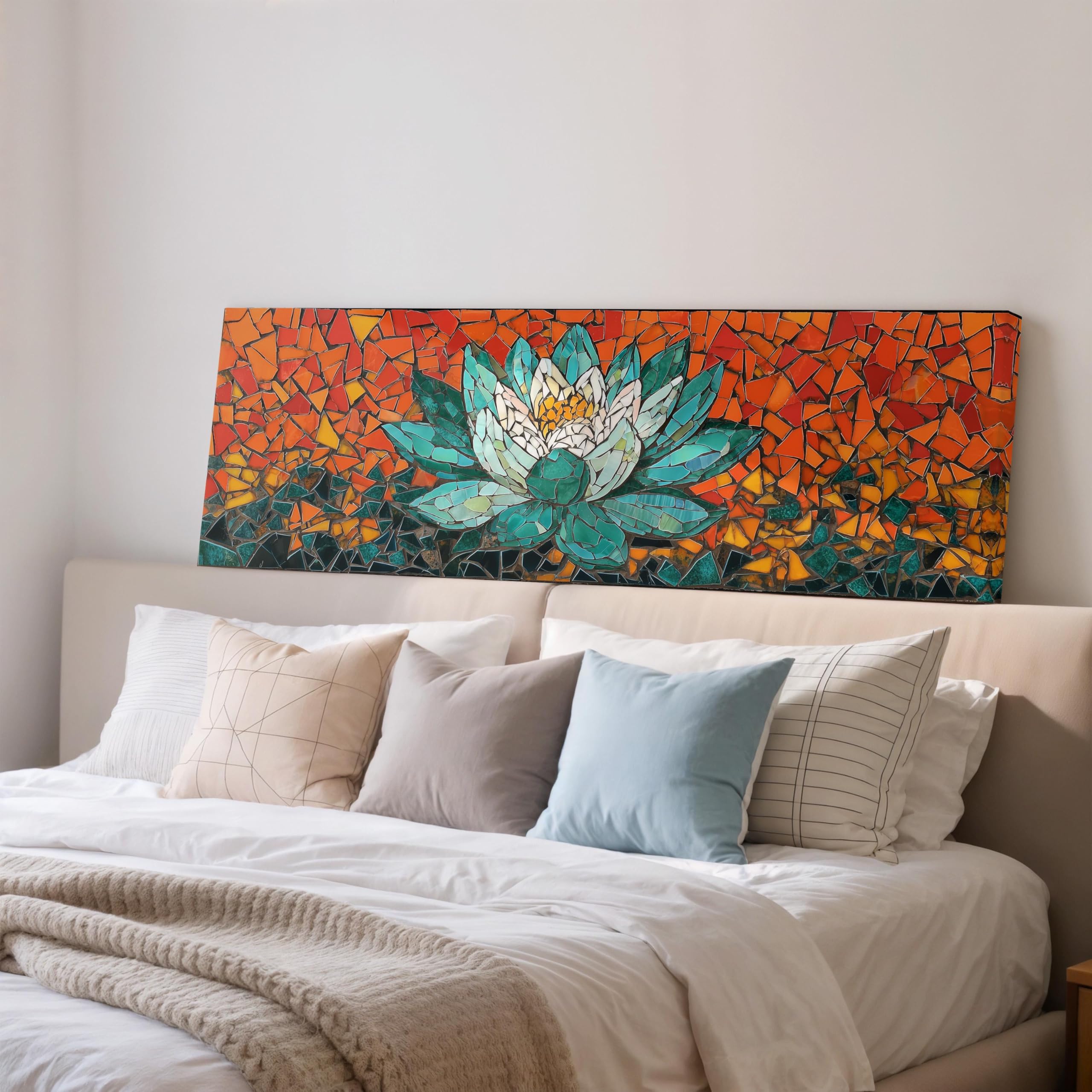 XBTYKPB Floral Mosaic Wall Art, Wide Panoramic Framed Canvas, Lotus Flower, Patterns, Boho Decor, Colorful Living Room Painting(60x180cm/Frameless)
