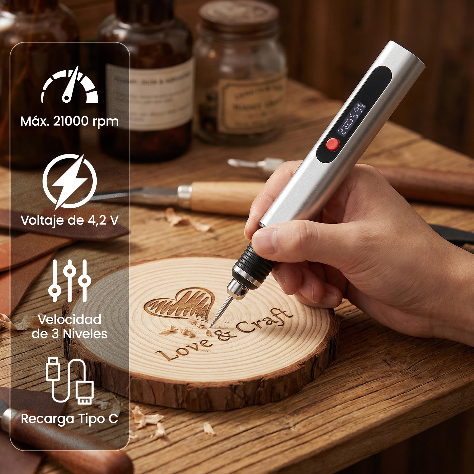 Mini Grabadora Eléctrica Inalámbrica, Pirograbador de Madera con 30 Puntas y 3 Velocidades (Hasta 25000 RPM), Kit de Herramientas Recargable para Metal, Vidrio, Cerámica y Joyería