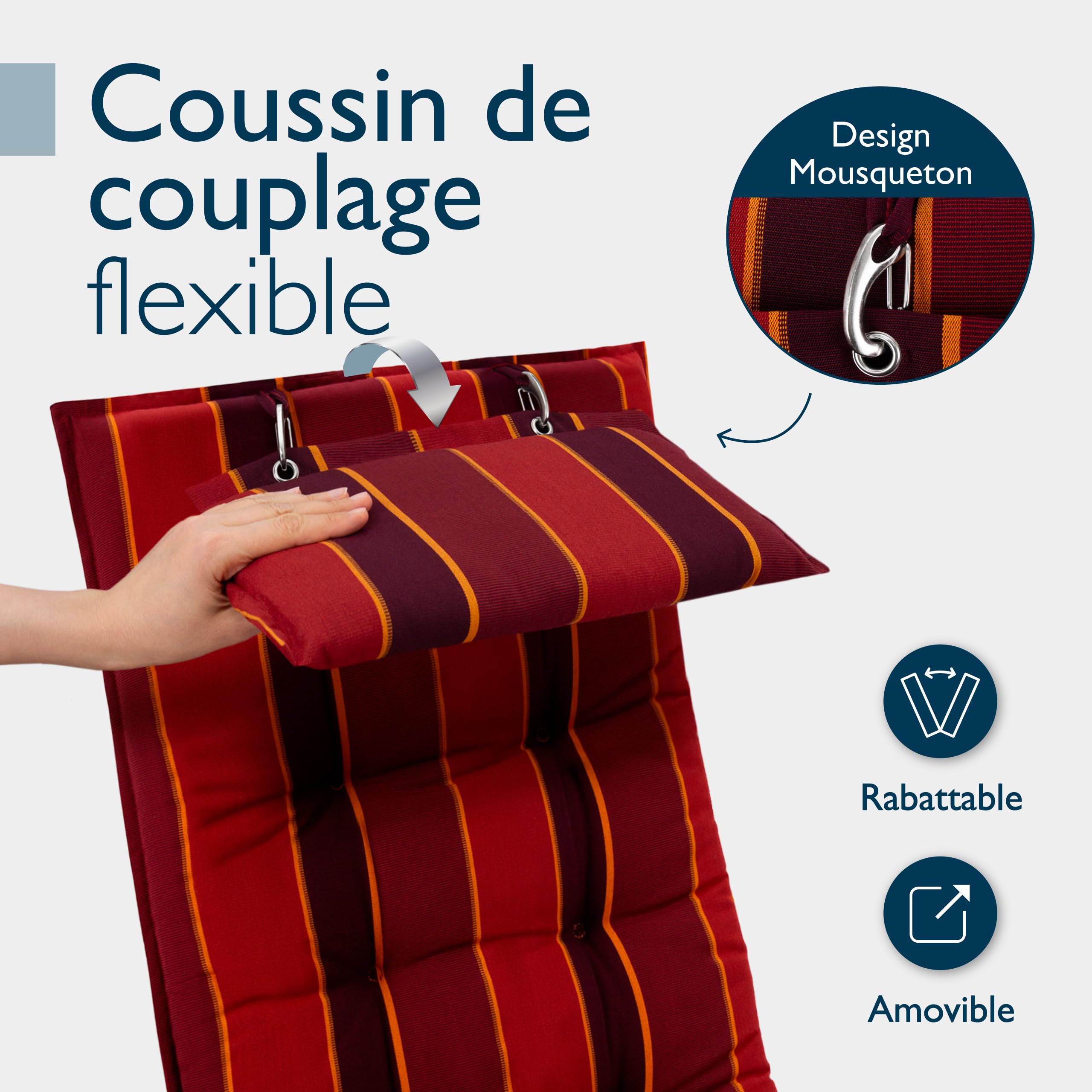 Beautissu Premium Coussin Chaise Jardin Dossier Haut 120x50 cm Sun-HL – 8 cm Épaisseur Tissu Robuste Antidérapant & Résistance aux UV – Coussin Fauteuil avec Sangles Fixation Rouge