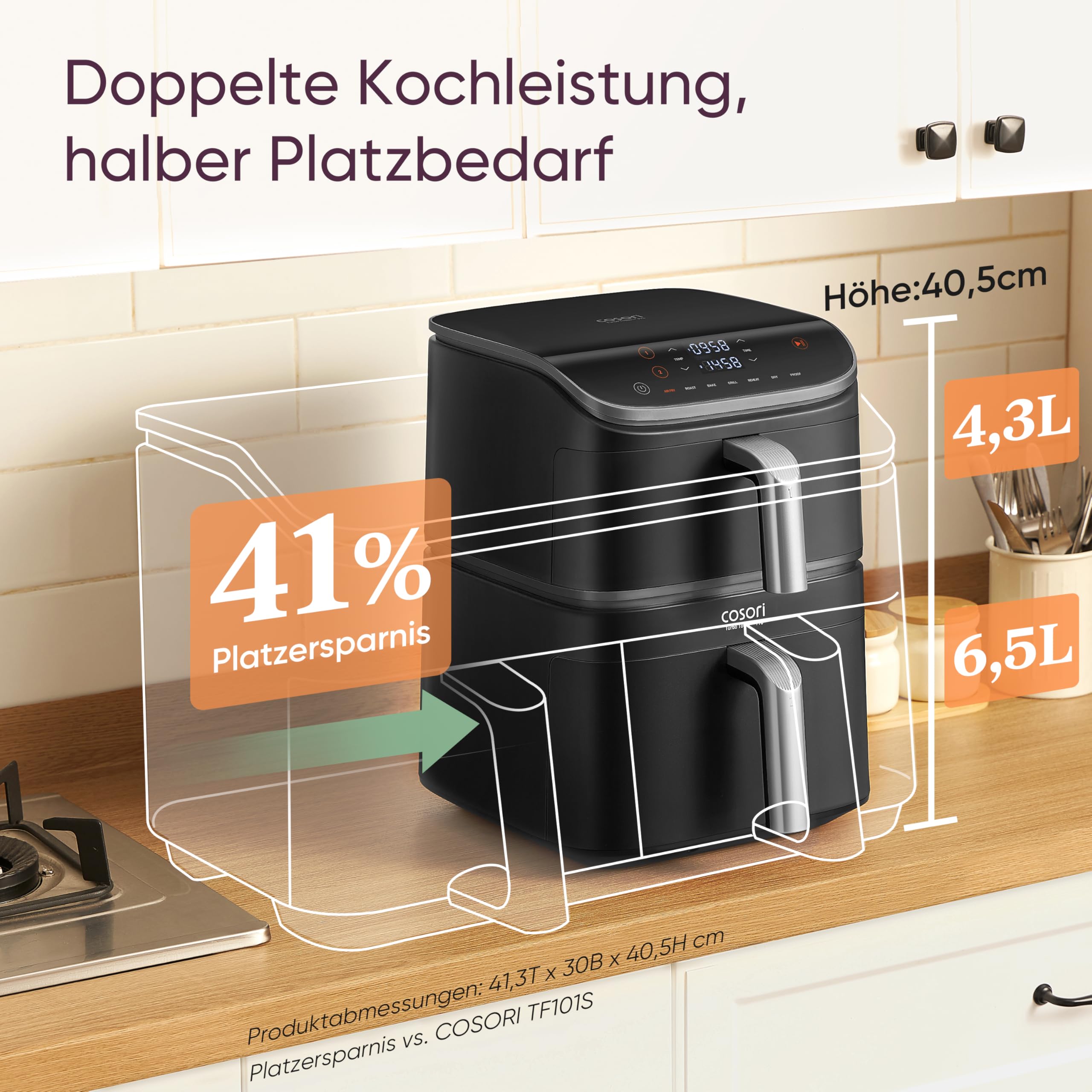 COSORI Turbo Tower Pro Smart Airfryer 10,8L Keramikbeschichtung Heißluftfritteuse DualBlaze-Technologie WLAN-Steuerung Silbergrau