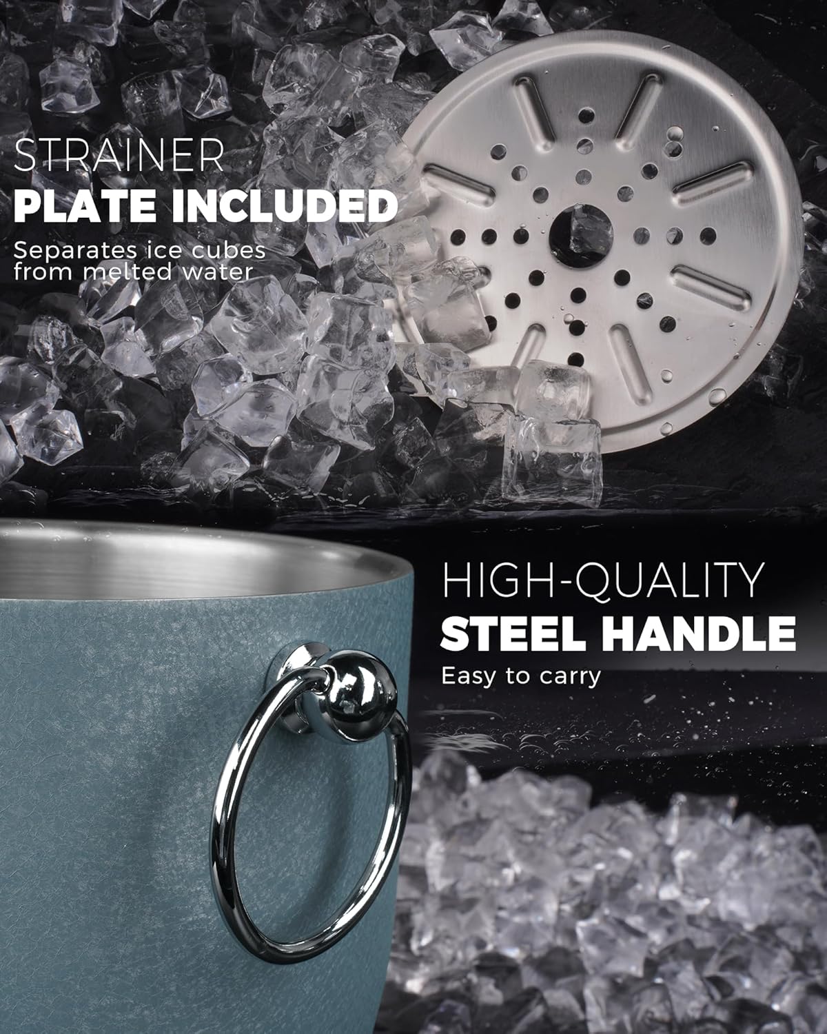 POLIVIAR Ice Bucket, 2.5L Double Wall Ice Bucket with Lid, Stainless Steel Ice Bucket with Tong & Strainer, Ice Bucket for Cocktail Bar, Home & Parties, JX2023-IBLU - Image 4