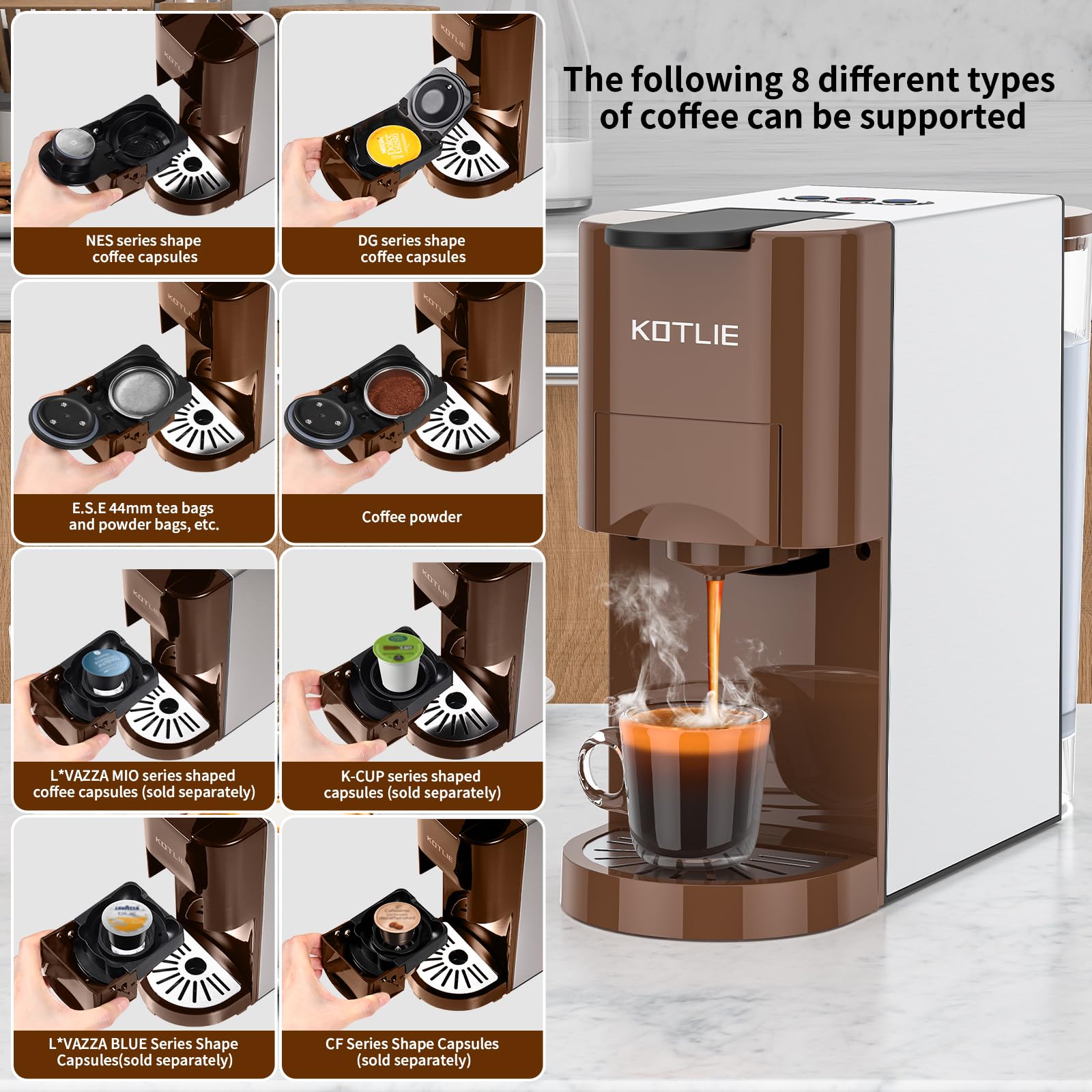 KOTLIE Kaffeemaschine, 4-in-1-Kaffeemaschine für NES/DG/Kaffeepulver/ESE(44mm),19 Bar,800ml