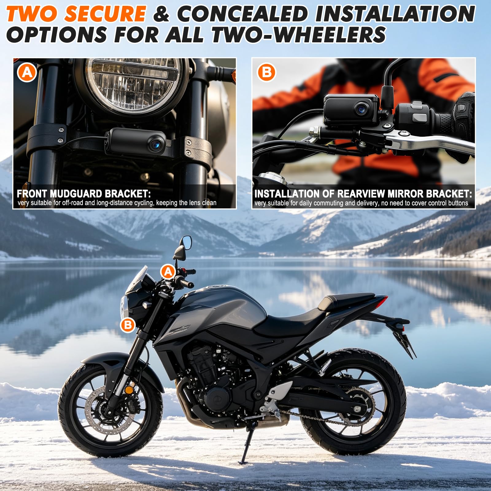 Caméra embarquée 1296P pour Moto, étanche IP67, avec Vision Nocturne et Grand Angle d'ouverture de 146°, caméra 8-100 V, Connexion d'alimentation Via Acc pour Moto/vélo électrique