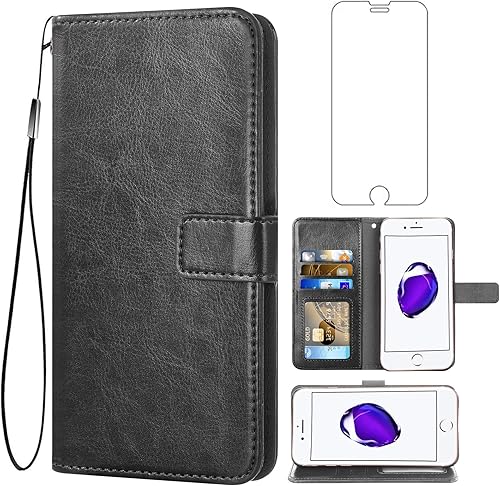 Compatible con iPhone 78SE 20202022 - Funda tipo cartera de vidrio templado, protector de pantalla de cuero con tapa para iPhone 7, iPhone8, 7S, 8S,