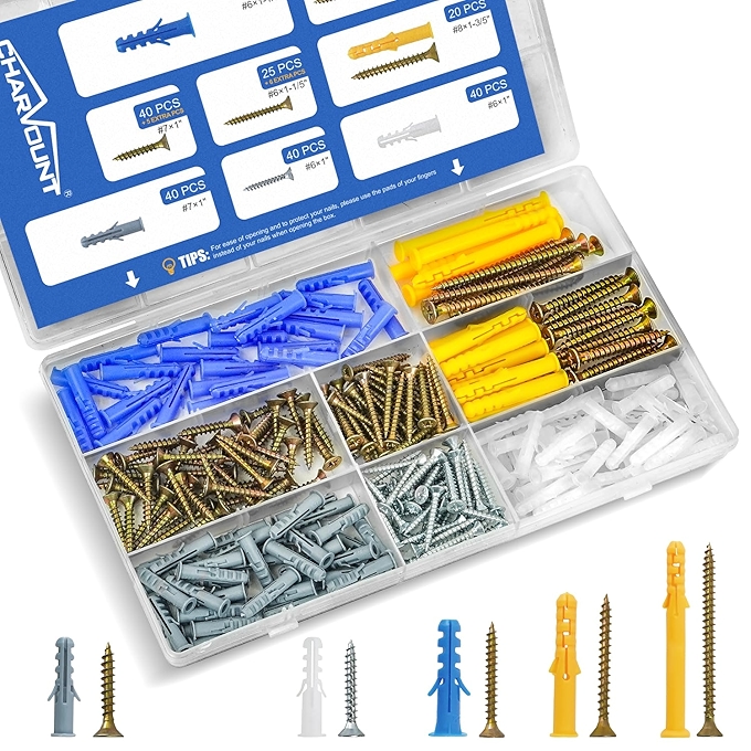 干墙锚和螺丝组合套件255件，适用于挂画、架子和窗帘杆