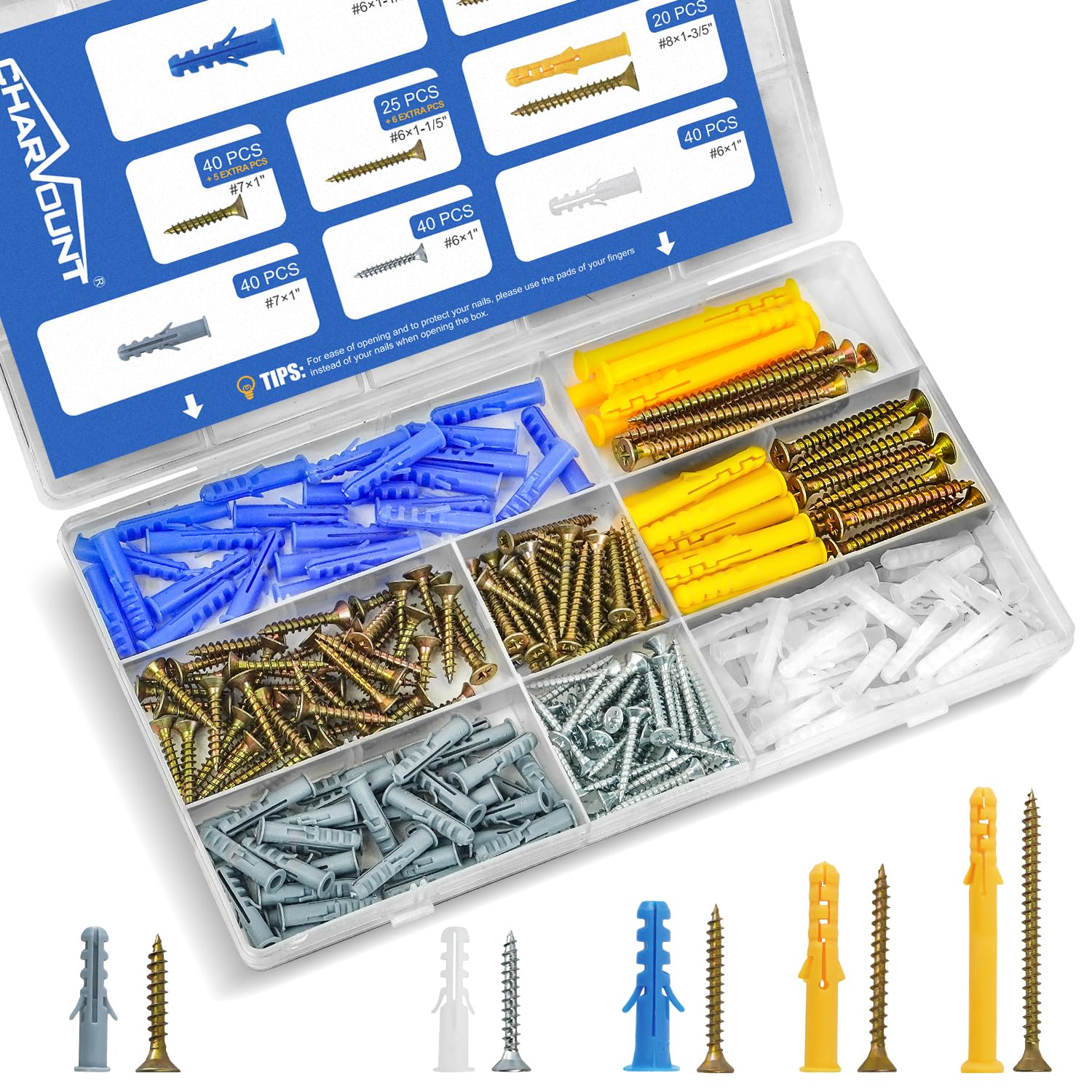 255 PCS Drywall Anchors and Screws Assortment Kit,122 Plastic Dry Wall Anchors and 133 Philips Flat Head Screws,5 Sizes Wall Hanging Kit for Hanging Picture Frame, Shelf Brackets, Curtain Rod