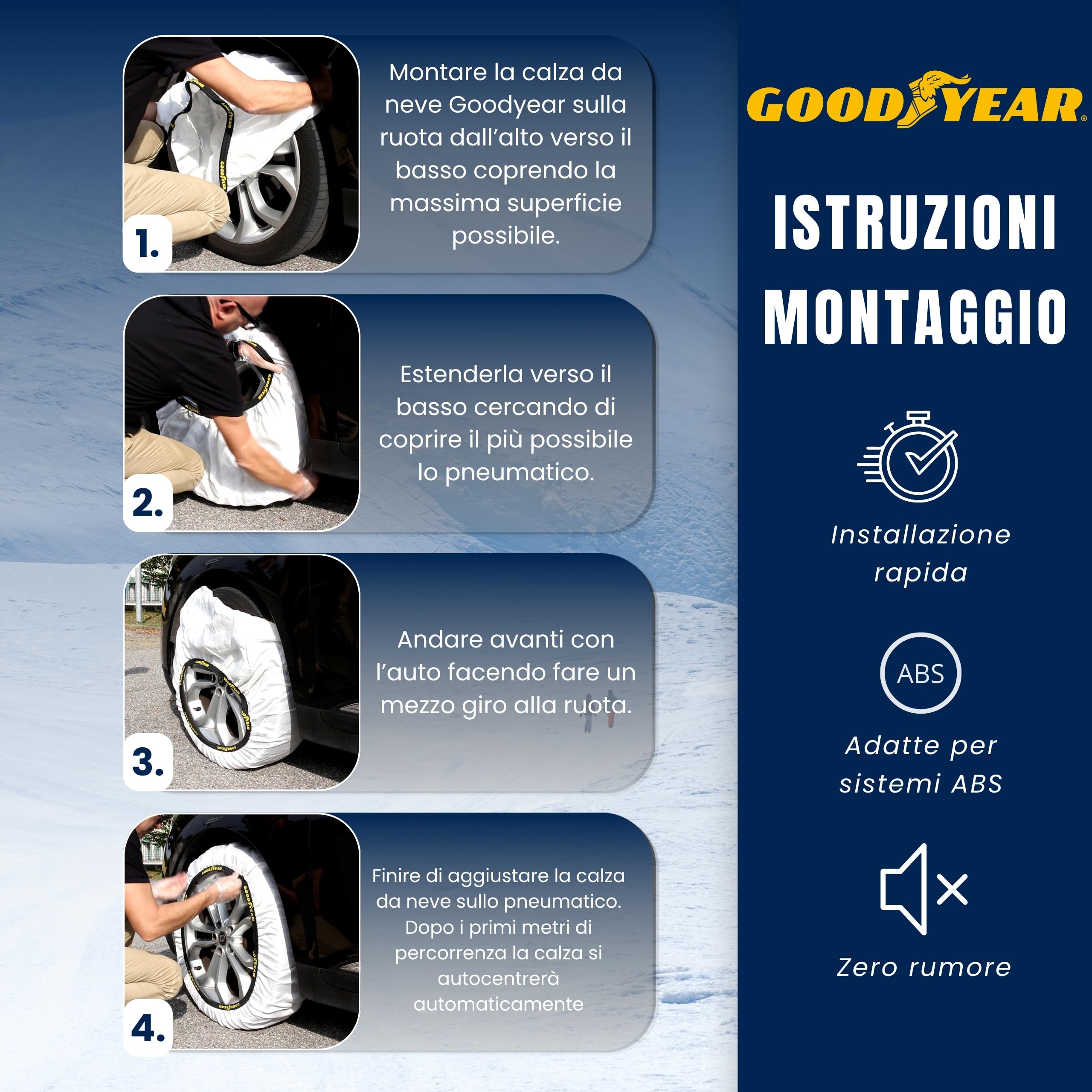 Goodyear, Schneeketten aus Stoff, Ultra Grip, Größe L, Set mit 2 Stück, schnelle Montage ohne Vibrationen, für Alufelgen, geprüft nach EN 16662-1, Sicherheit und Traktion auf Eis
