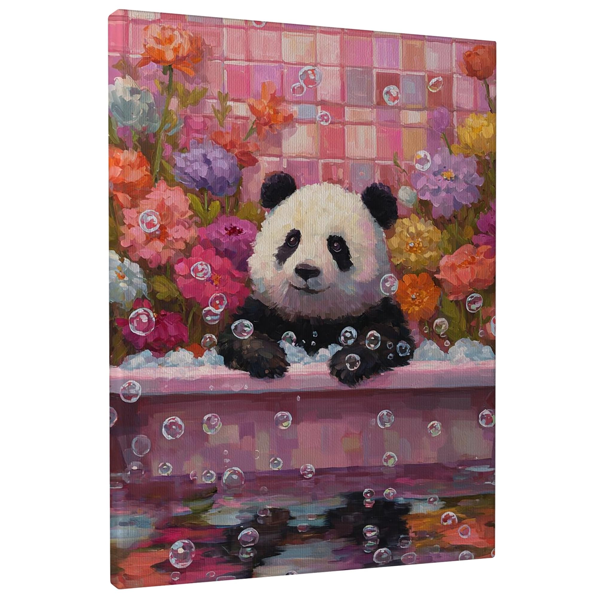 Spring Panda Bath Canvas Wall Art, Colorful Floral Animal Poster Prints, Cute Panda Decor for Living Room, Bathroom, Bedroom, Dorm, Wrapped Canvas 12x16 Inch