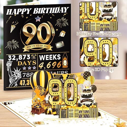 Miniatura 4 de Tarjetas de cumpleaños 90 para mujeres y hombres, ideas de regalo de cumpleaños 3D emergentes para abuela, mamá, papá, divertidas decoraciones de