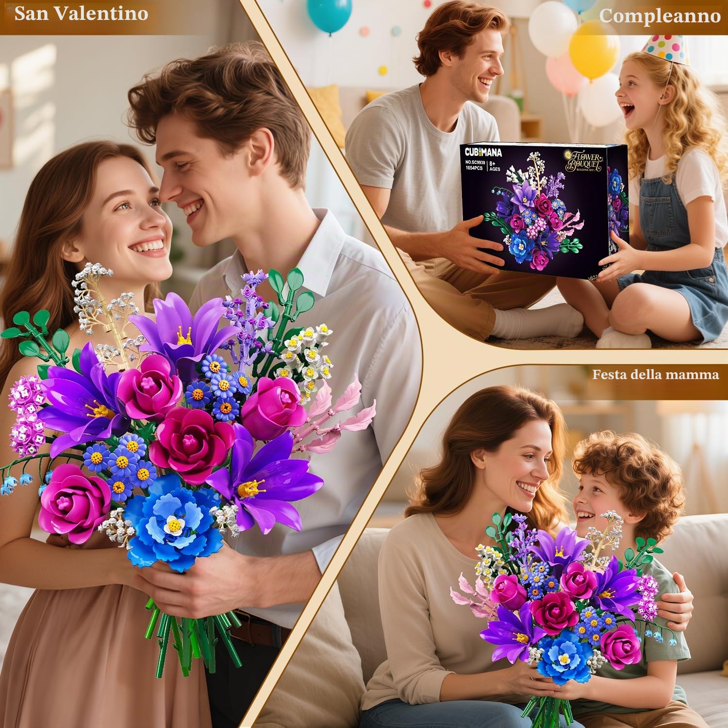 CUBIMANA Set di bouquet di fiori con luce LED, 21 fiori, collezione botanica giocattolo, decorazione per piante per la casa di rose, 1054 pezzi, per lei adulti, donne, mamma, bambini, ragazze dai 12