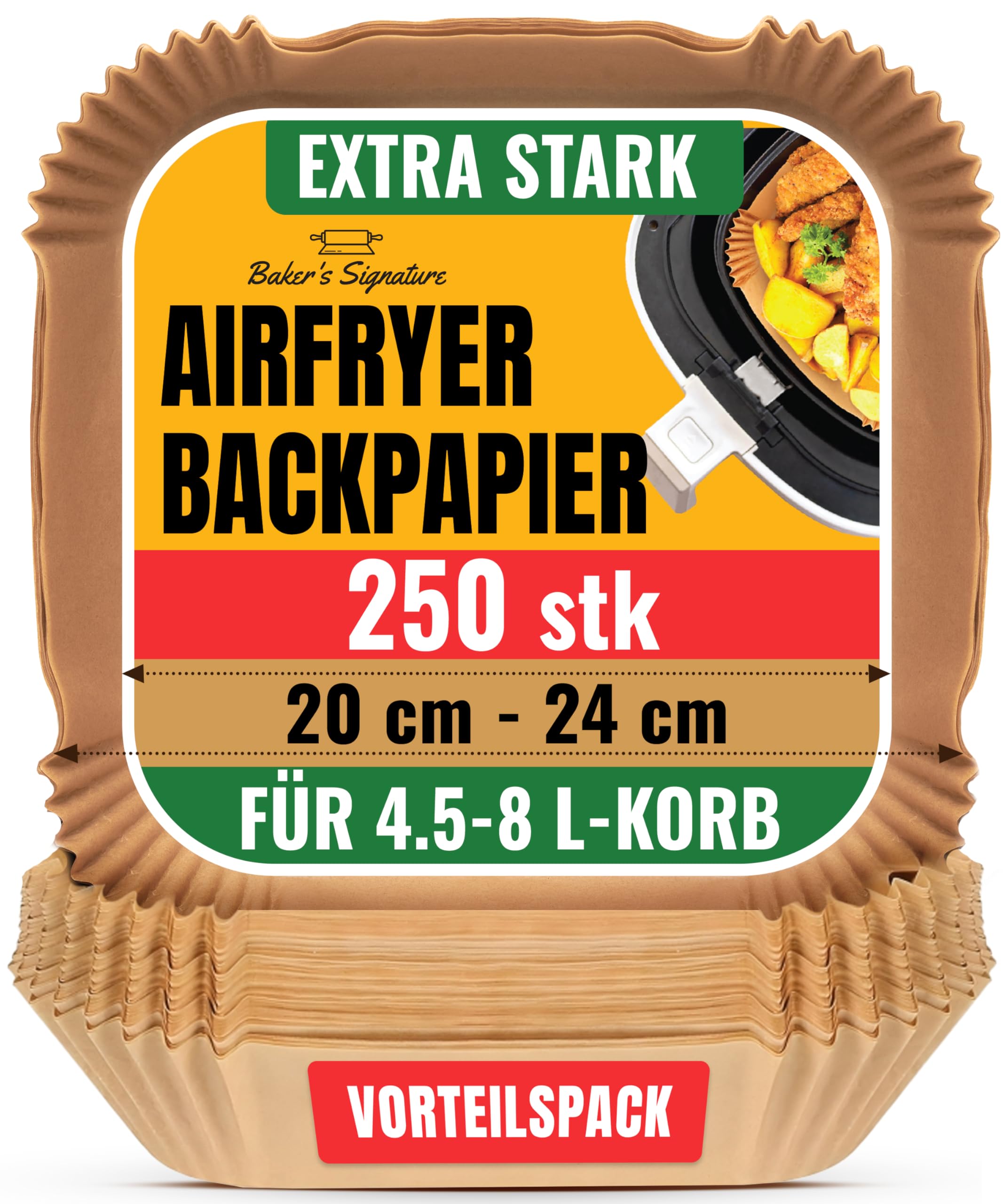 Backpapier für Heißluftfritteuse 250 Stück - 20-24 cm - Ungebleichte, Antihaft, Wasserdicht, Ölfest Airfryer Backpapier für 4,5L-8L Körbe heißluftfritteuse, Ideal für Ofen, Pfannen und Backen