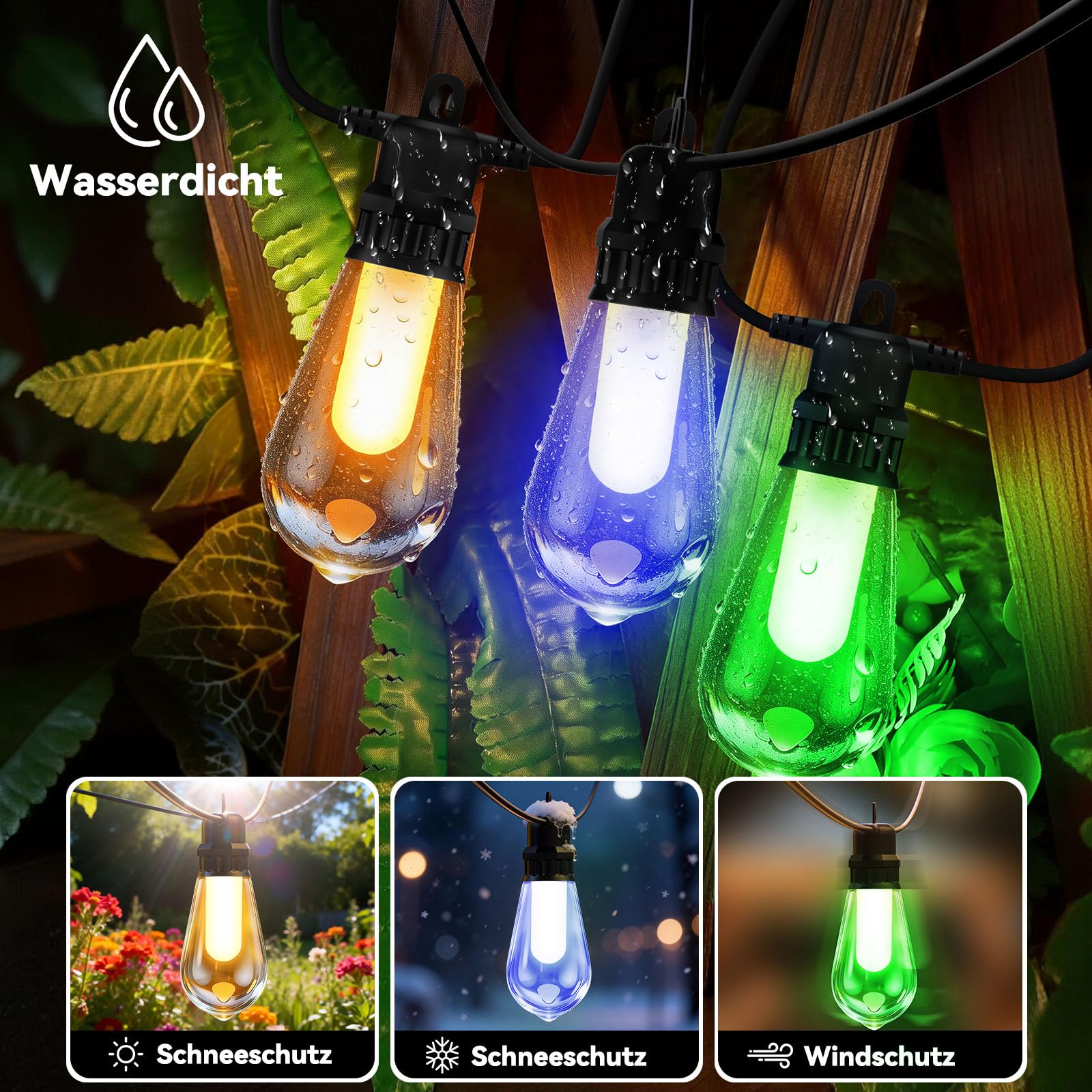Catena di luci colorate, 13 m, per feste, per esterni, dimmerabile, 20 ST48, lampadine a LED colorate, resistenti alle intemperie, per Natale, gazebo, campeggio, matrimoni, giardino, balcone