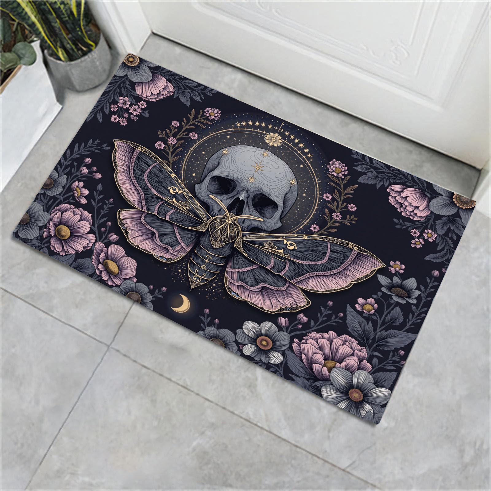 Alfombra antideslizante lavable de pelo corto suave y motivo gótico de polilla