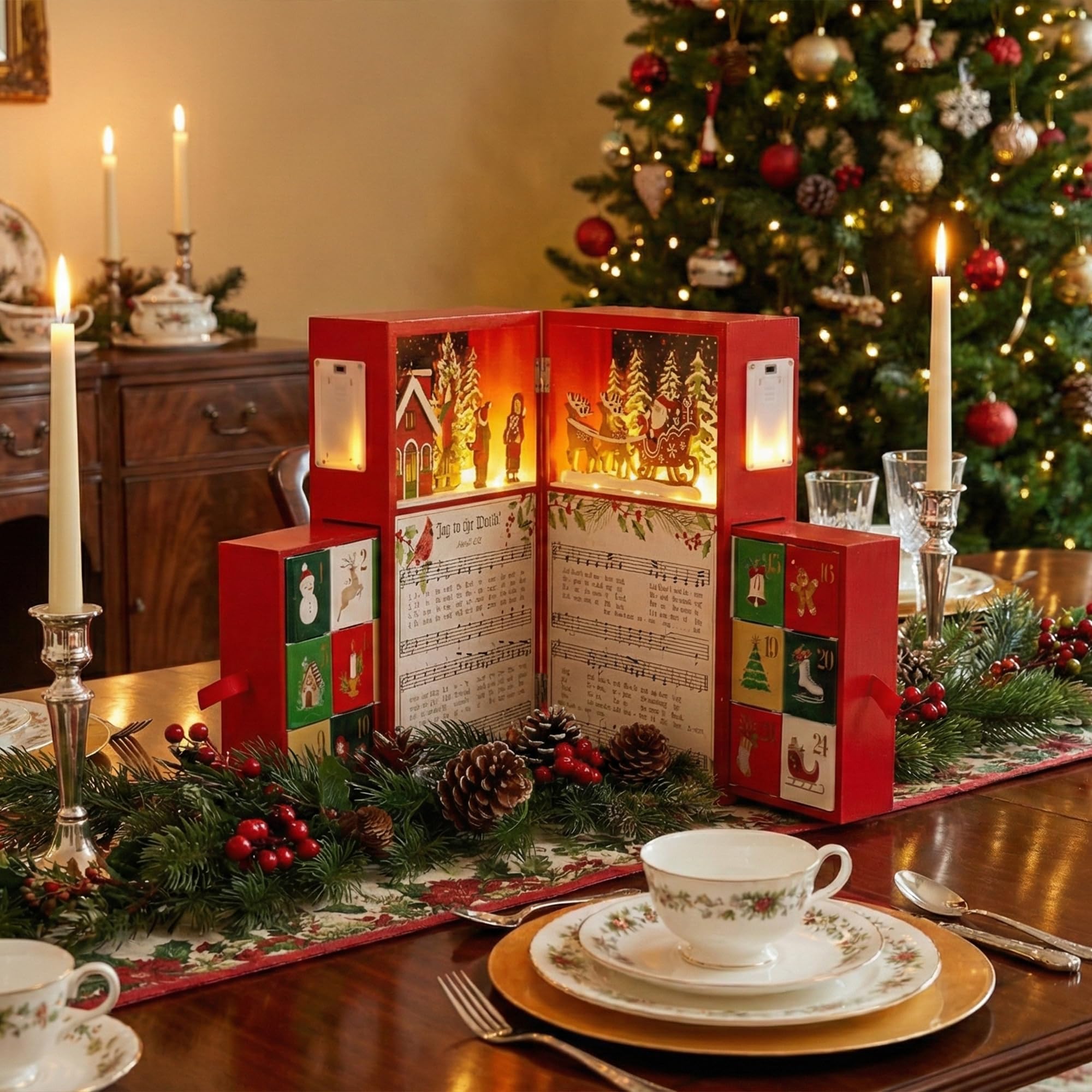 PE Calendario dell'Avvento in legno, decorazione natalizia con villaggio