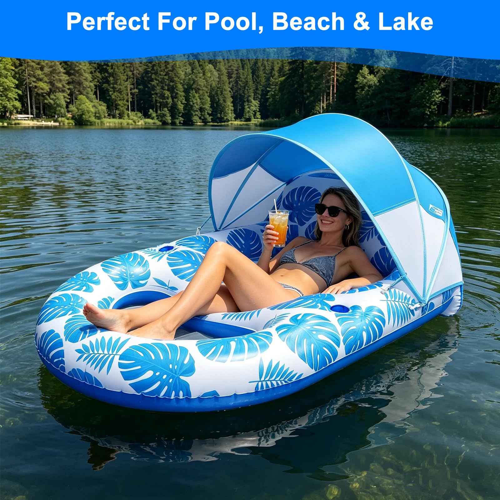 Flotador Tipo Tumbona con Toldo UPF50+, 140x110CM Extra Grande para Adultos, Resistente, Inflable con Posavasos y Soporte para Móvil, Respaldo y Reposapiés