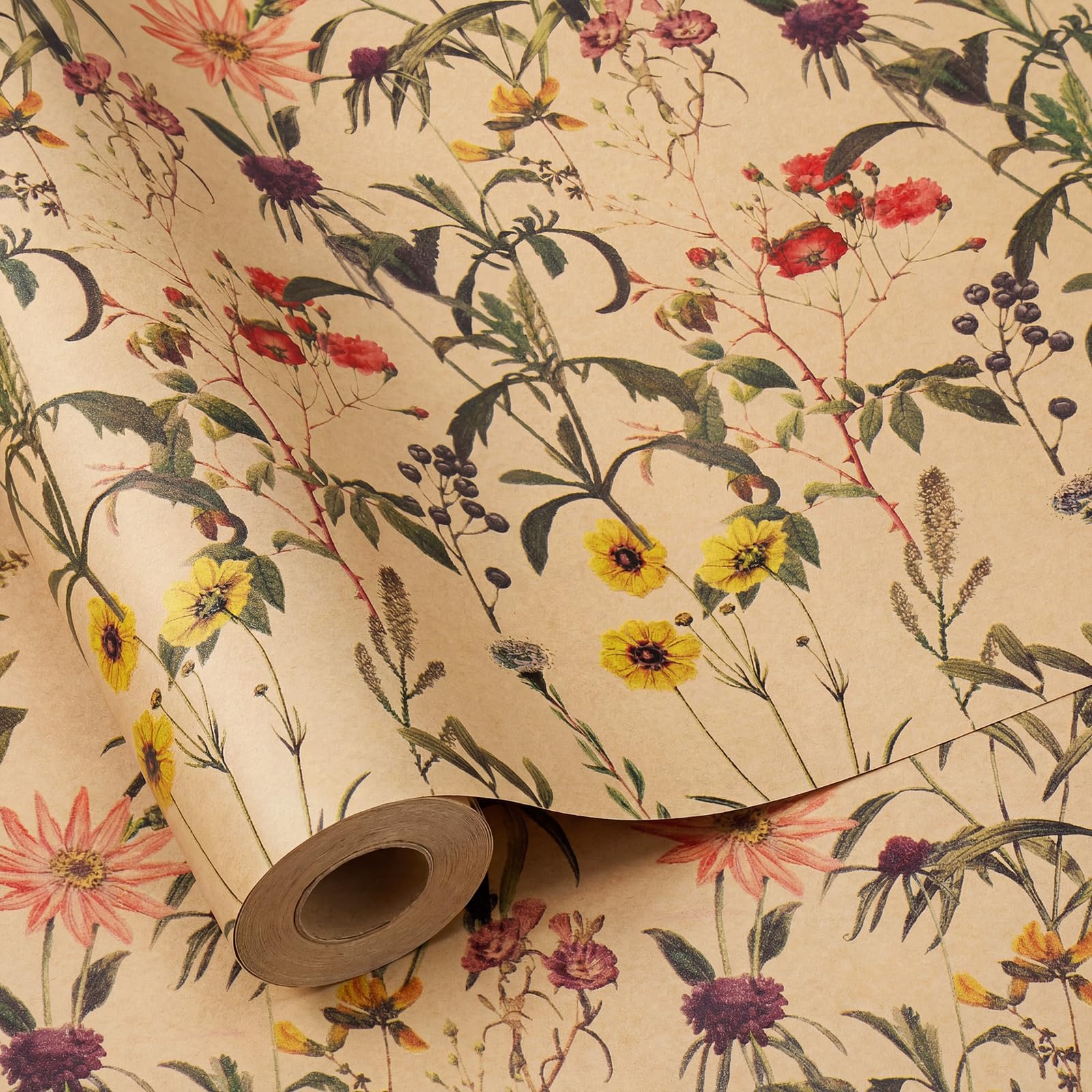 woric 43cm*15m Kraft Wrapping Paper Roll, Flower Wrapping Paper Floral Gift Wrap for Wedding Graduation Birthday Baby Shower Tea Party — image 1
