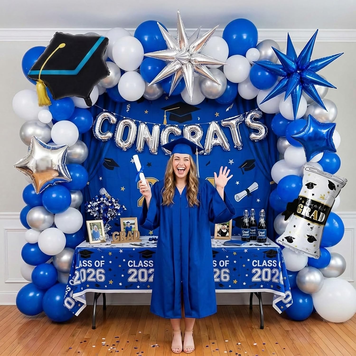 2026 Graduation Balloon Arch Kit - Royal Blue and Silver Party Decorations: Foil Diploma, Congrats Letters, Star & Cap Balloons for Class of 2026 Grad Ceremony & Prom Decorations image 2