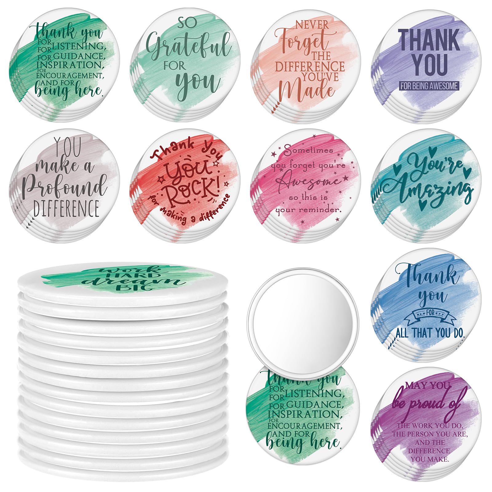 Kigley 50 Pcs Employee Appreciation Gifts Inspirational Compact Mirrors Bulk Round Pocket Mirror for Women Portable Makeup Mini Mirror for Staff Teachers Coworker