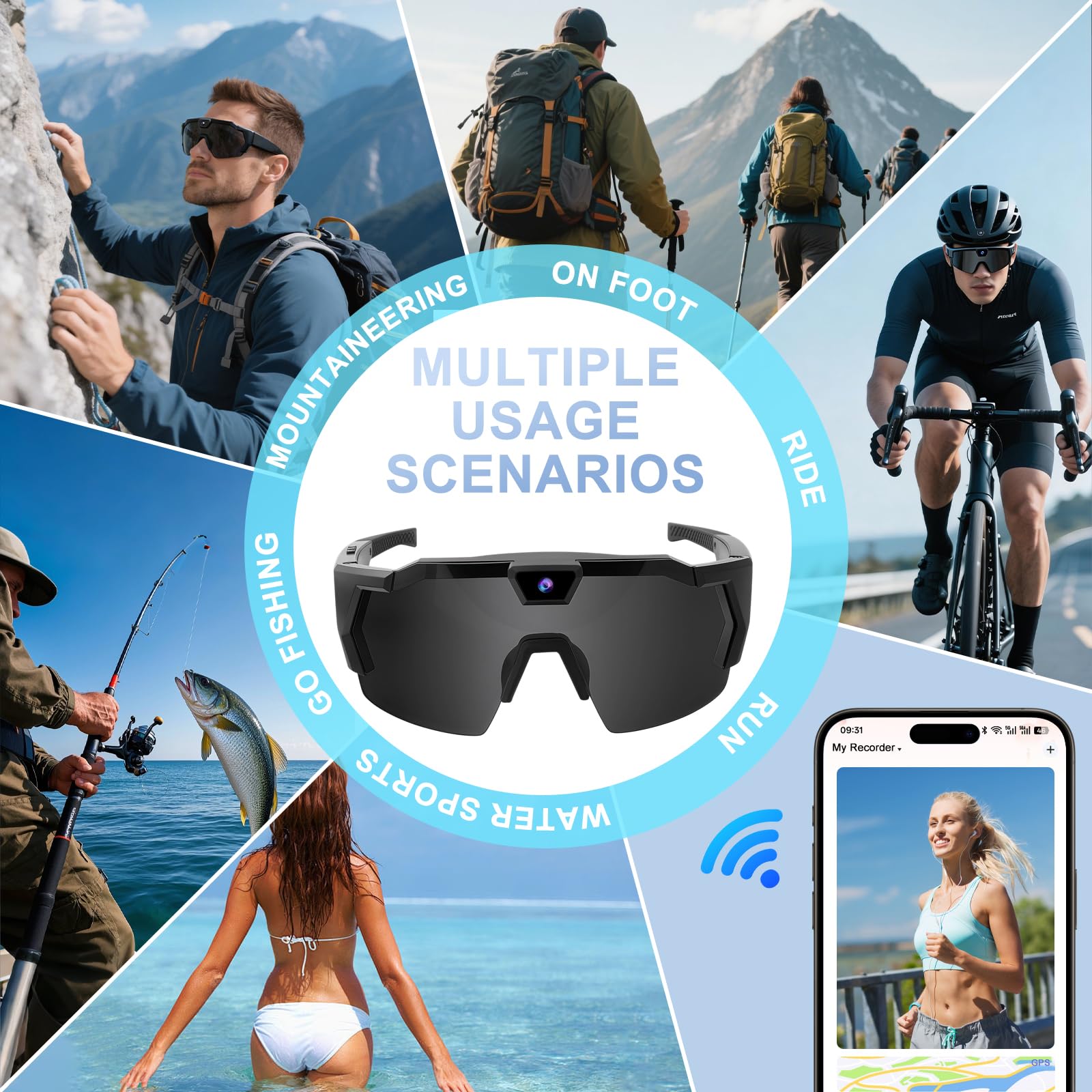 OBEST Gafas Inteligentes con 1080P Cámara, AI Gafas de Cámara WiFi HD, Solares Glasses Portátiles con Grabación de Vídeo y Micrófono, Acción Camara para Deporte Aire Libre Ciclismo/Esquí/Senderismo