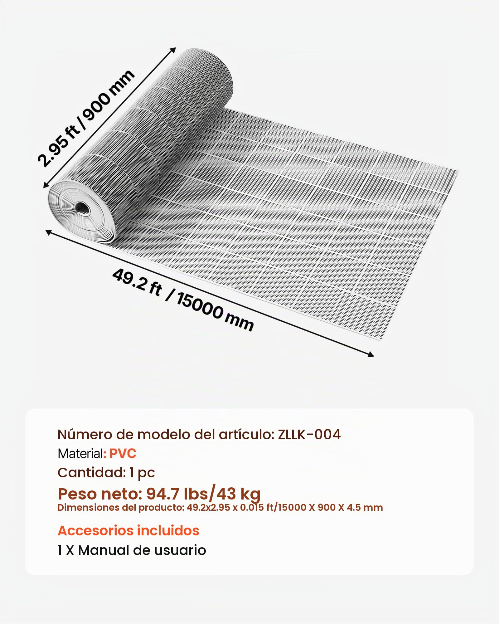 VEVOR Alfombra de Drenaje Antideslizante 90 x 1500 cm, Alfombrilla Comercial de PVC con Orificio de Drenaje para Zonas Húmedas, Suelo para Cocina Piscina Restaurante Terraza Baño Ducha, Color Gris