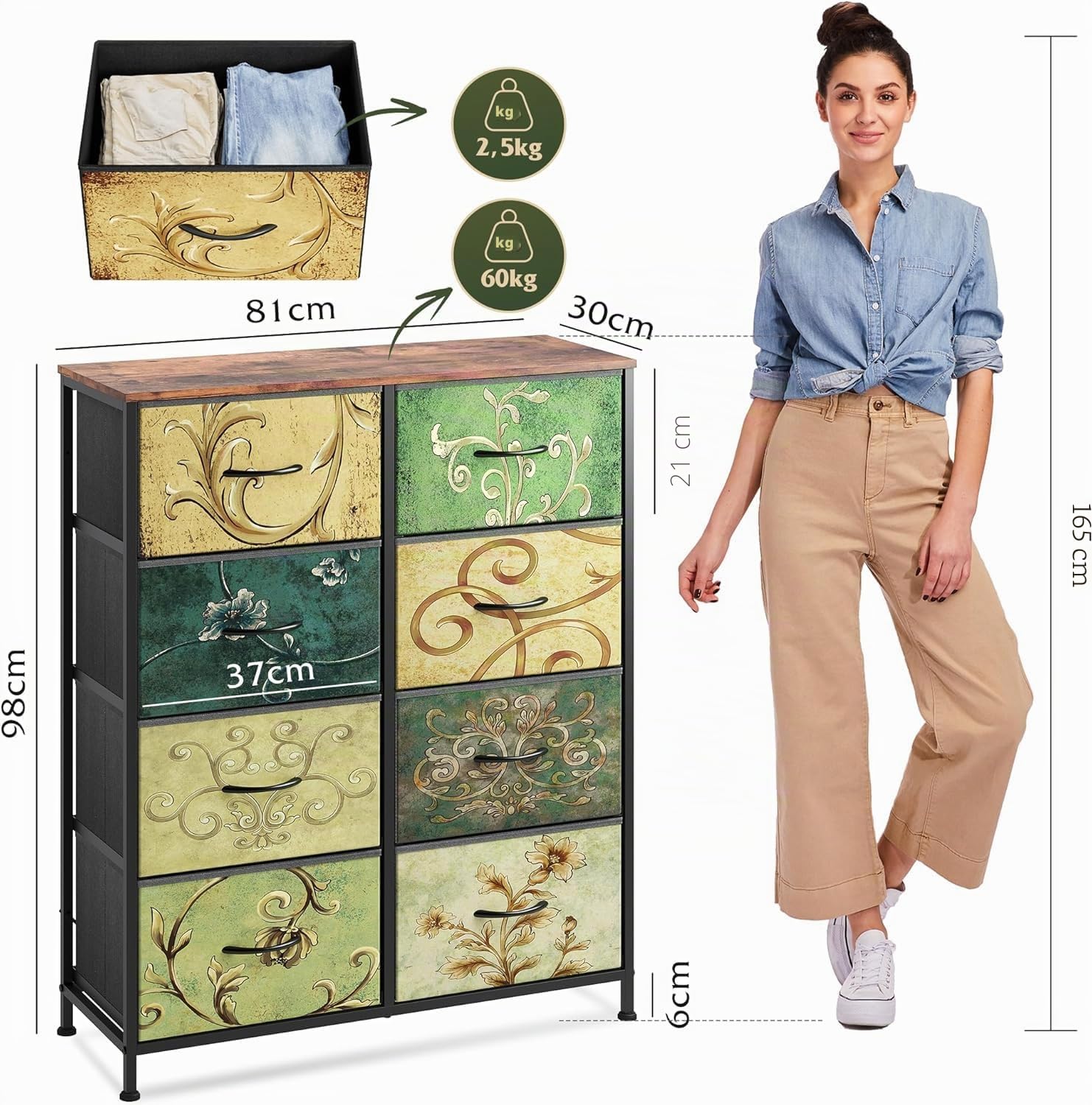 WLIVE Cómoda de Tela con 8 Cajones Extraíbles, Gabinete con Parte Superior de Madera y Estructura de Acero, Adecuado para Salón, Dormitorio, Pasillo, Habitación De Niños, Bohemia