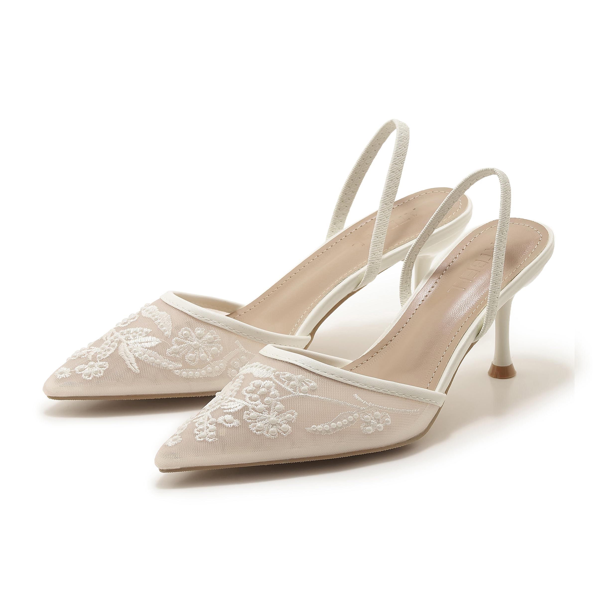 ATBELL Embroidered Mesh Slingback Heels for Women White Pearl Kitten Heel Pumps Pointed Toe Backless Wedding Shoes