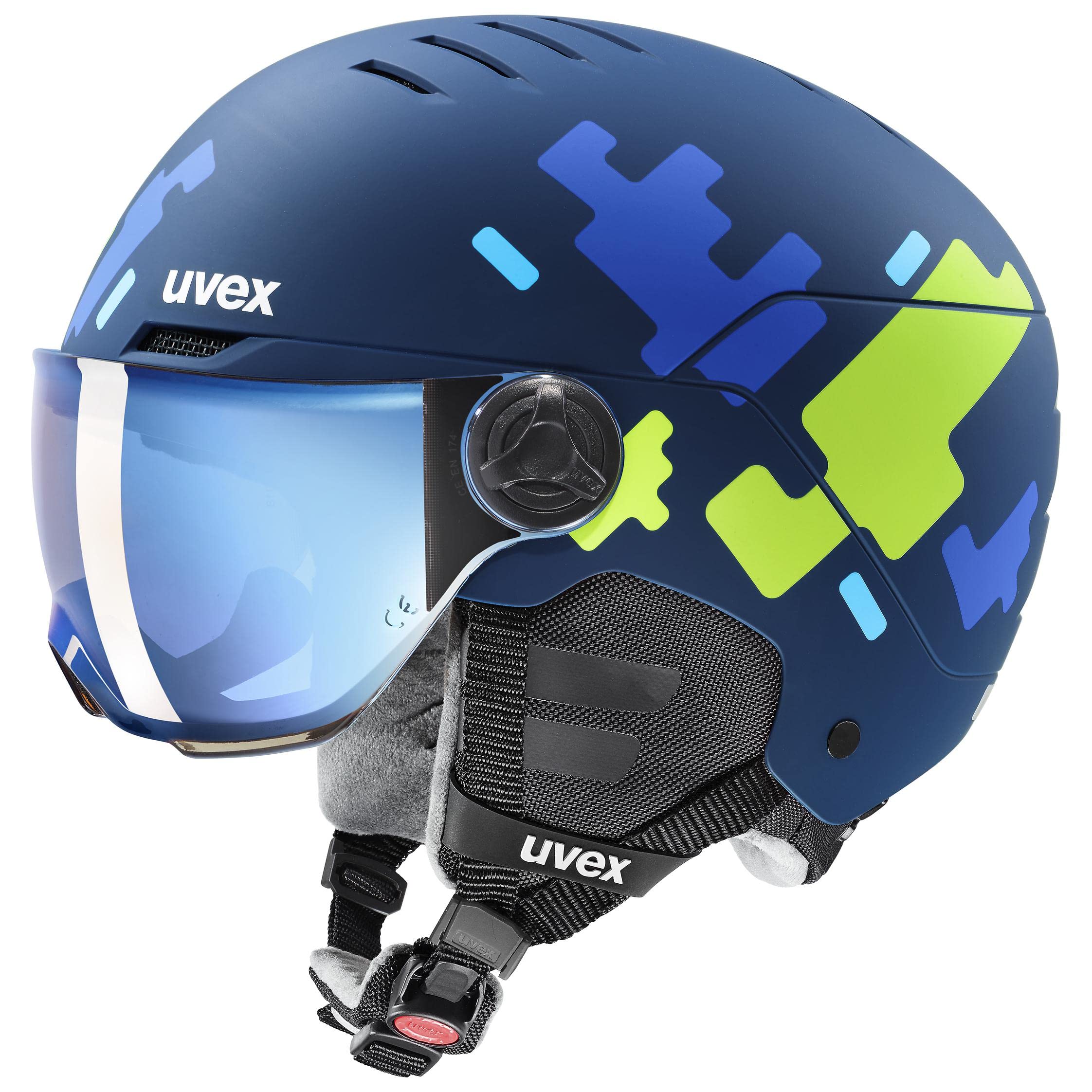 uvex rocket jr visor, Kask narciarski unisex-dzieci, blue puzzle matt, 54-58 cm