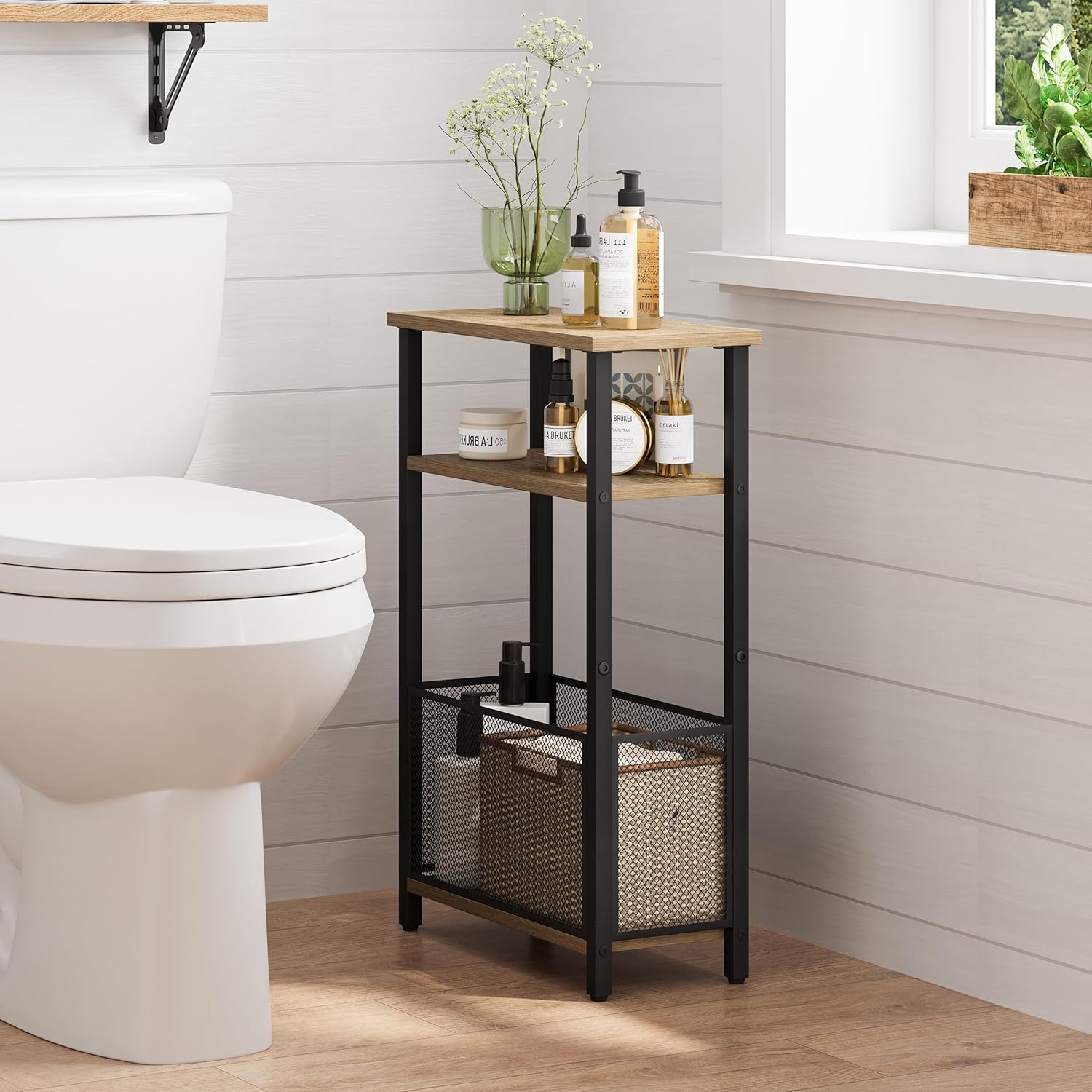 MMEOLUOOK Narrow Side Table with Storage Basket Skinny End Tables for Smalls Spaces 3 Tier Sofa Table Small Nightstand Slim Bedside Table for Living Room Bedroom Greige MLBZ22GR