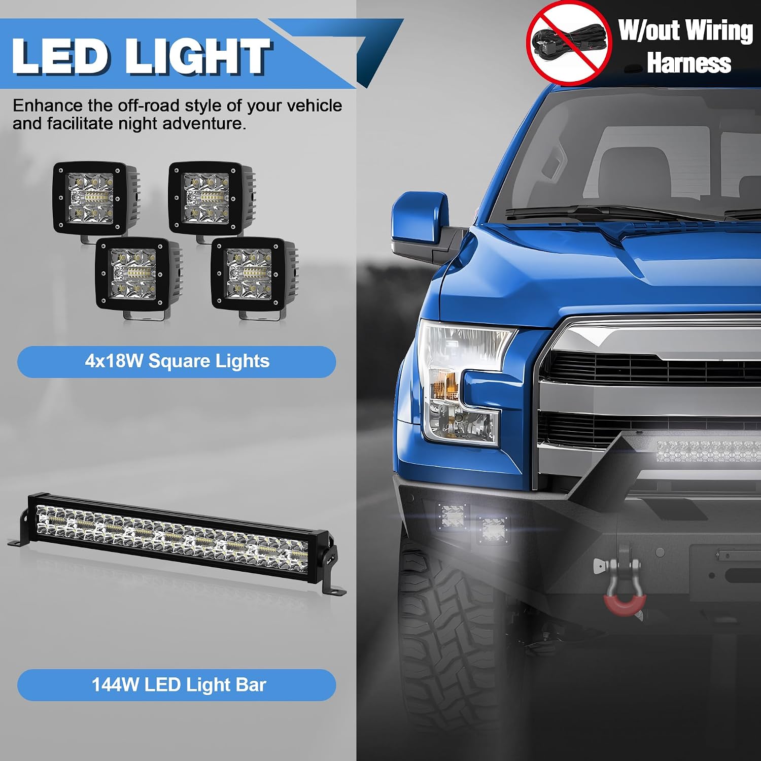 15-17 F150 Front Bumper Offroad Bumper w/Winch Plate, Light Bar, Lights, D-rings, License Plate Bracket for 2015-2017 Ford F150 Pickup Truck (Excluding Raptor & Ecoboost)