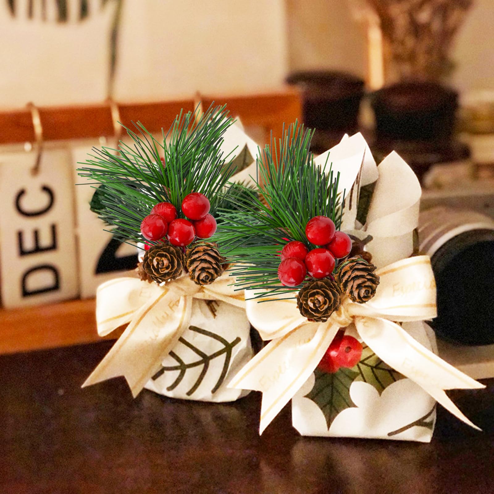 クリスマス ミニ人工松ぼっくり レッドベリー 人工松ピック 飾り 造花