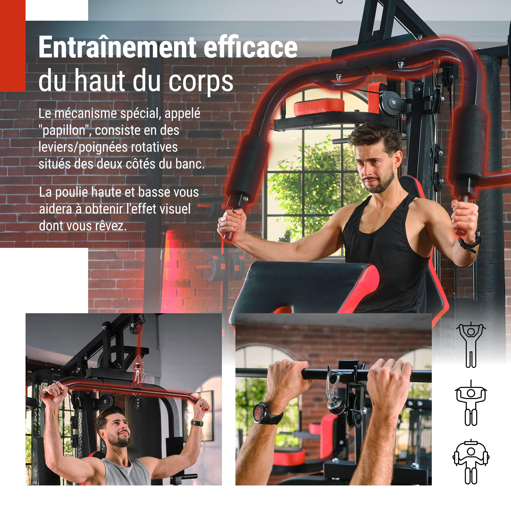 HOP-Sport® Station de Musculation Multifonction HS-1054K, Appareil avec 3 Positions 72kg, Banc d'entraînement, Sac et Gants de Boxe, Module Papillon, Barre de Traction, Poulie Haute, Haltères 2x1,5kg
