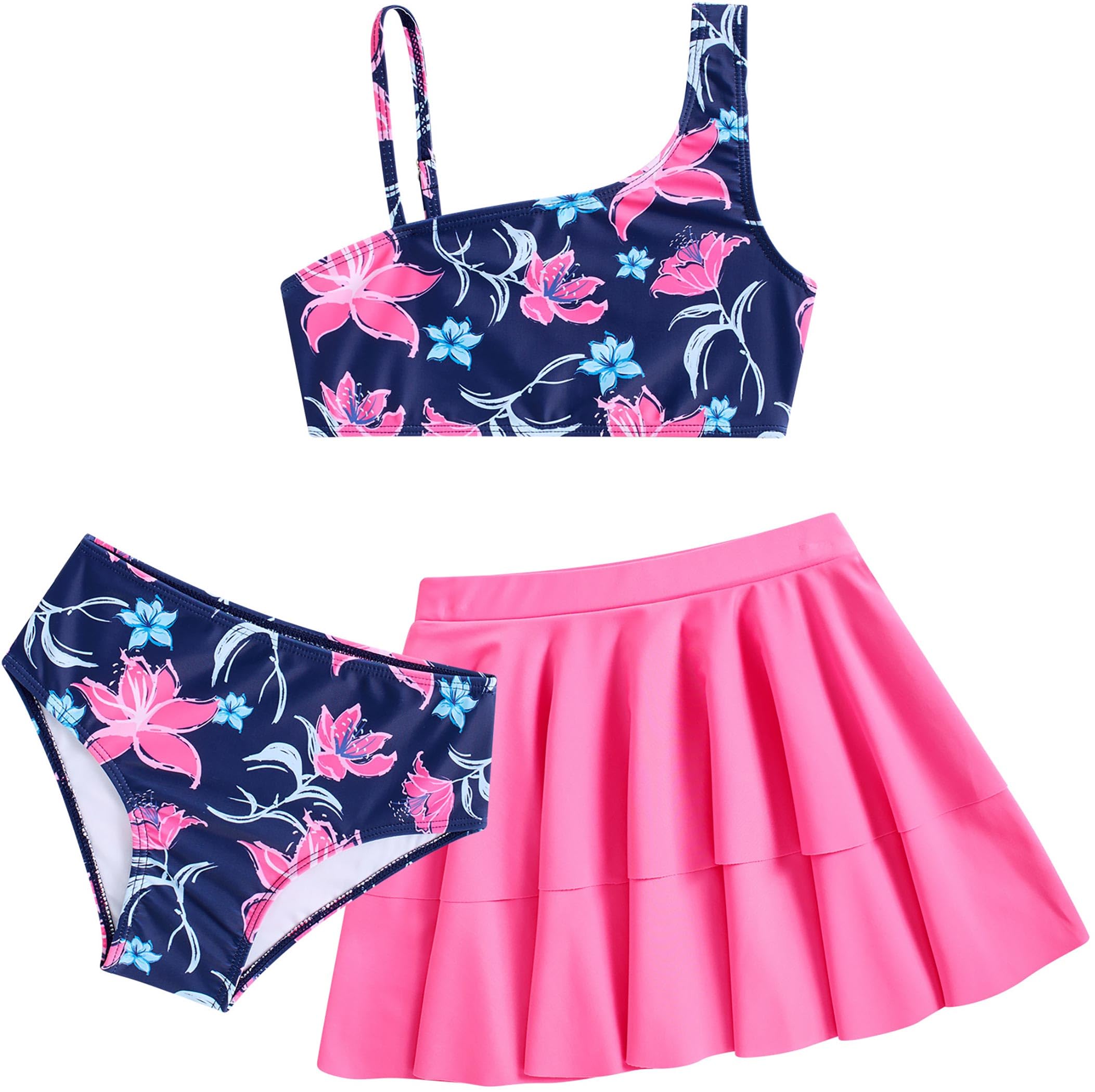 RAISEVERN Girls Swimsuit 3 Piece Bathing Suits Cute Quick Dry Bikini Tankini Sets with Cover Ups Beach Skirt for 5-12 Years