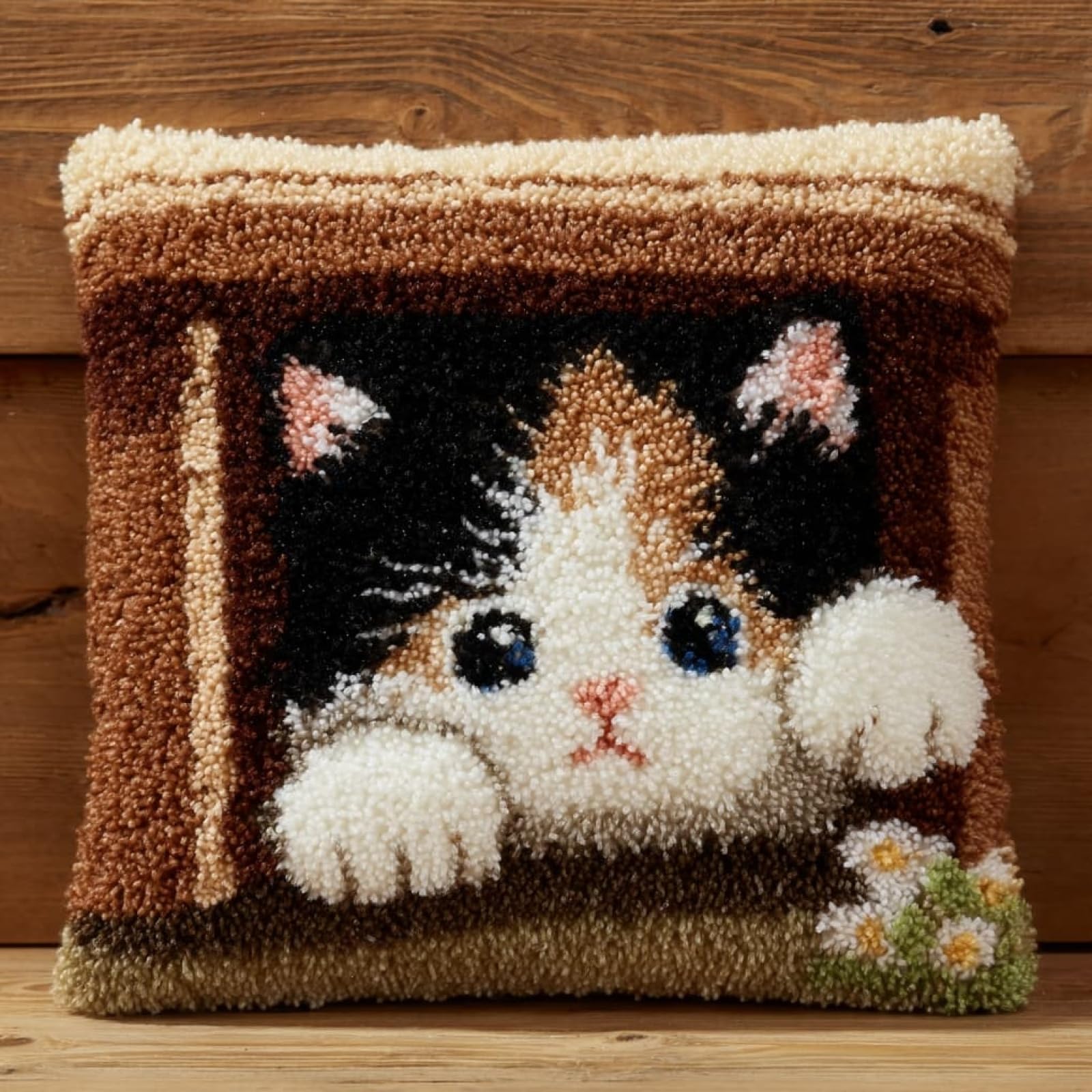 AxiangziK Latch Hook Cushion Kit 43x43cm,Cute cat Complete Needlecraft Set with Pre-Cut Yarn & Tools,Creative Home Decor Gift for All Ages