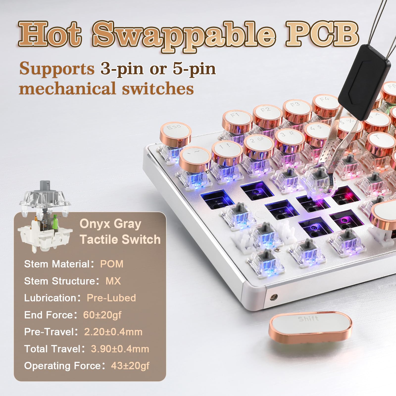 YUNZII QL108 Mechaniczna Klawiatura Gamingowa w Stylu Maszyny do Pisania, Hot Swappable Podświetlane RGB Klawiatury, Przewodowa Klawiatura Komputerowa USB (Srebrne, Onyx Gray Tactile Switch)