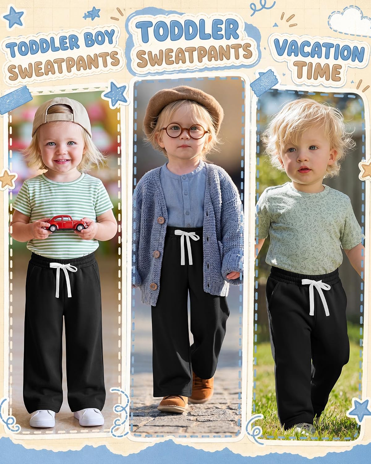 Yooo's Vivi Toddler Boys Sweatpants Kids Cotton Straight Leg Pant Drawstring Open Bottom Trouser with Pockets for Baby Boy