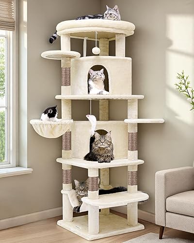Globlazer Corner Cat Tree for Large Cats, 66inch Tall Curved Series Large Cat Tower for Multiple Indoor Cats with 6 Scratching Posts, 2 Spacious Cat Condos, Hammock, Hanging Basket, C66, Beige - 66inch - Beige