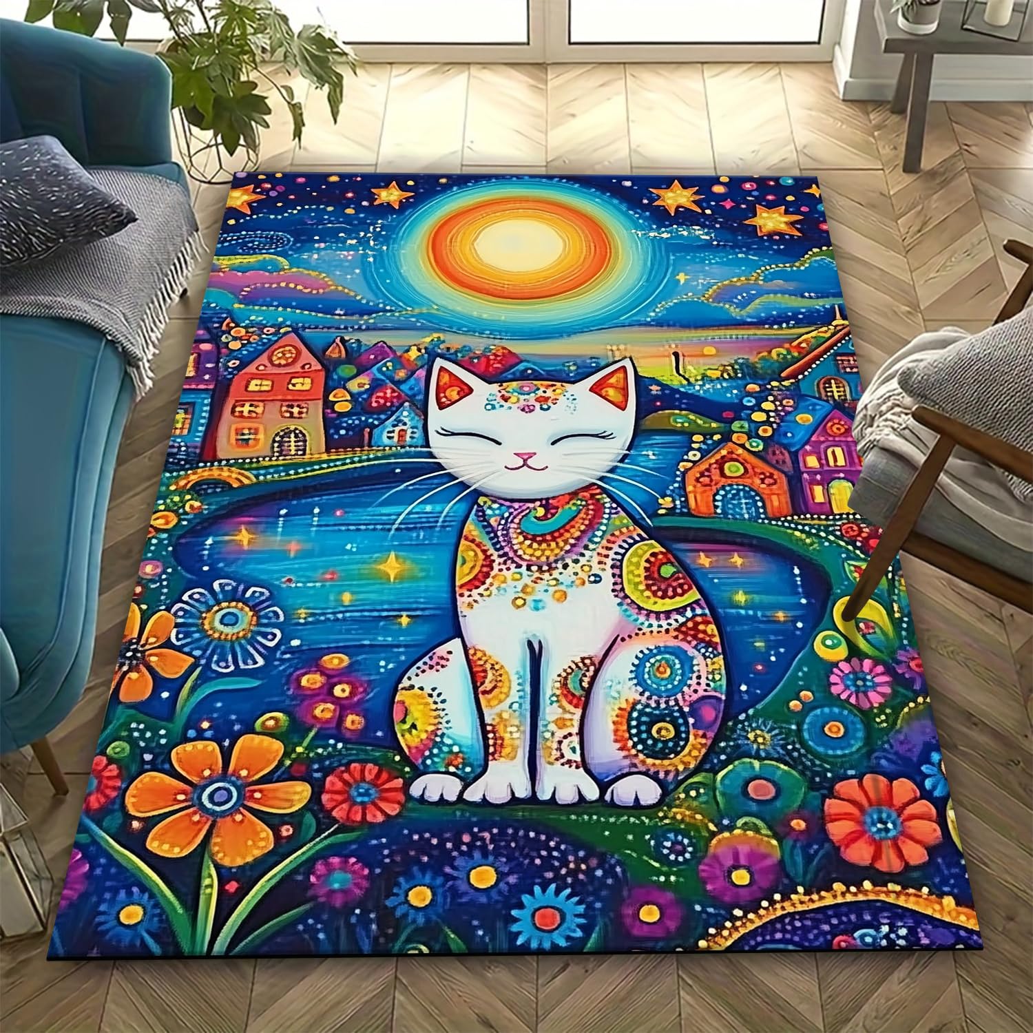 Tapis salon anti-fatigue grand format 200x300 cm à motif chat 3D