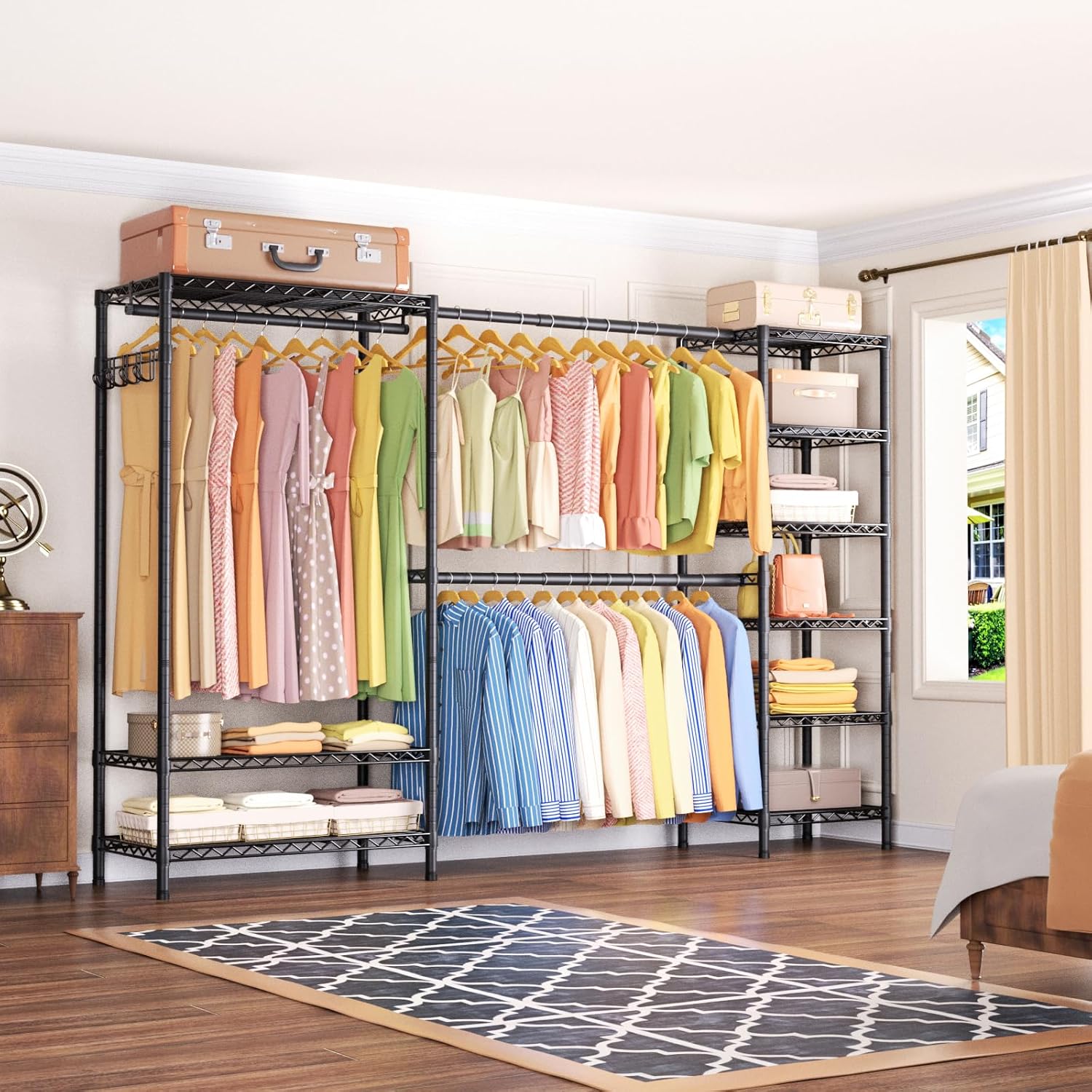 Expandable Heavy Duty Garment Rack Clothes Rack,Large Metal Closet Organizer System Storage Wardrobe,Freestanding Clothing Rack with 9 Adjustable Wire Shelves&3 Hang Rods,MaxLoad 1500lbs