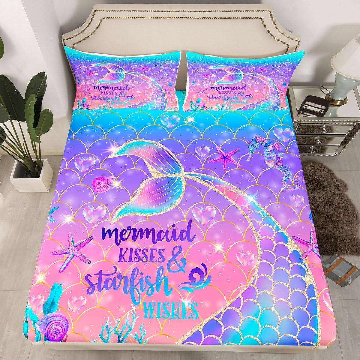 Erosebridal Kids Sheet Set for Girls Mermaid,Little Mermaid Bed Sheets Twin,Girly Purple Mermaid Tail Bedding Set,Nautical Fish Scales Starfish Seahorse Fitted Sheet + Flat Sheet + 1 Pillow Sham