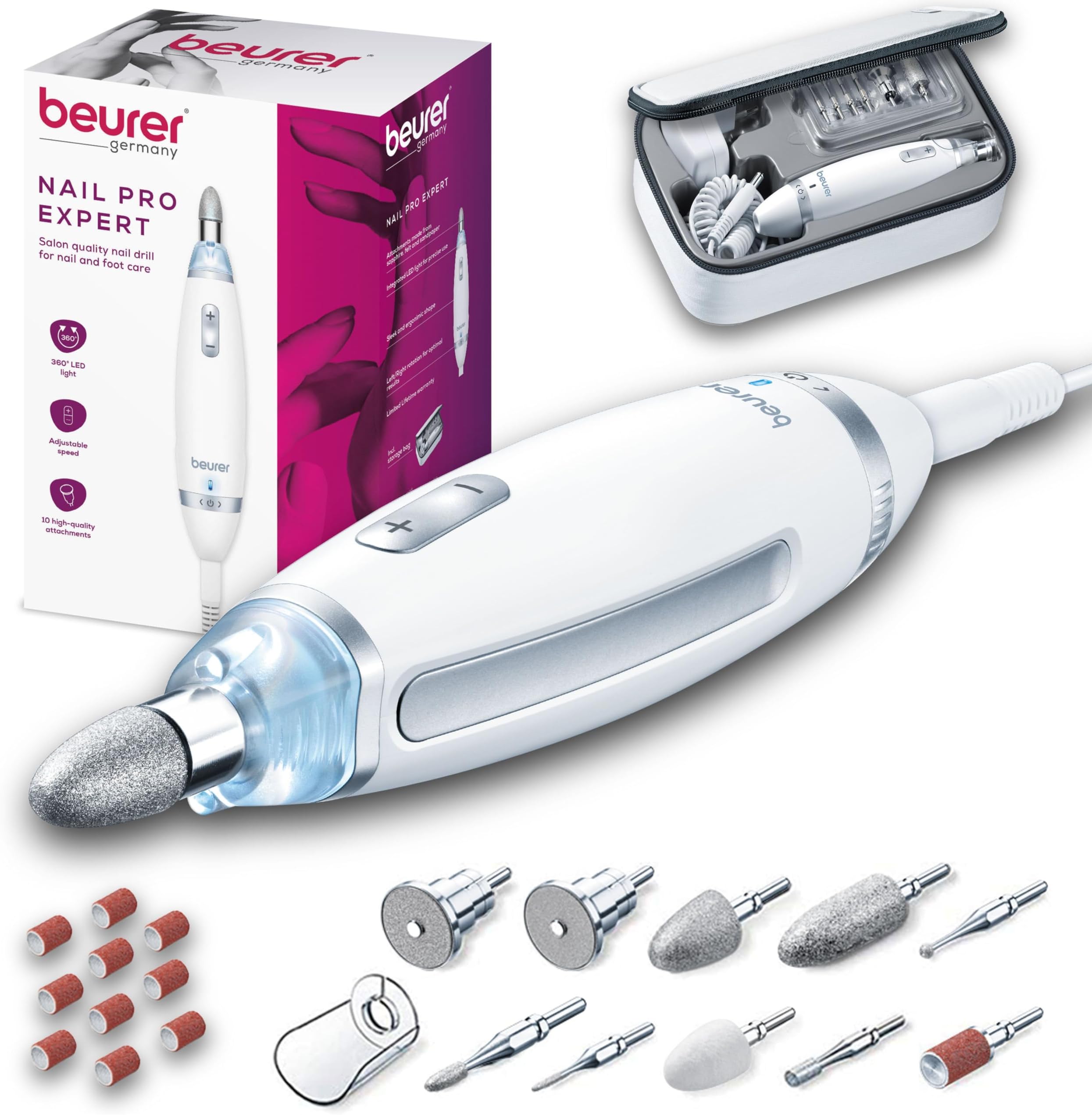Beurer MP62 Professional Nail Drill Kit, Portable Electric File Machine with 10 Attachments & 10 Sanding Bands, Efile Dremel for Acrylic Gel Manicure and Pedicure, LED Light, with Storage Case