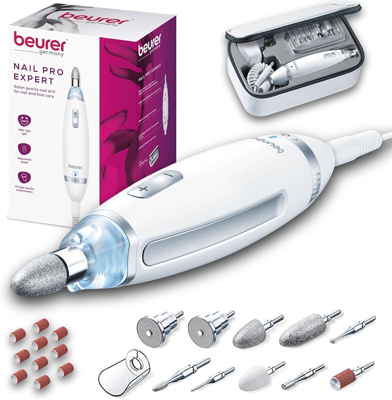 Beurer MP62 Kit de taladro de uñas profesional, lima eléctrica portátil con 10 accesorios y 10 bandas de lijado, Efile Dremel para manicura y pedicura de gel acrílico, luz LED, con estuche de almacenamiento