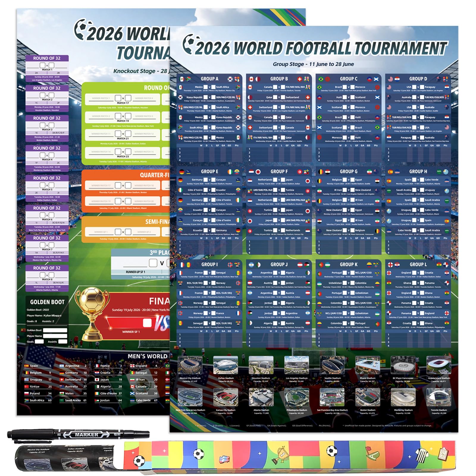 AhfuLife World Cup Football Wall Chart for Party Decorations 2026 - A2 Sizes World Cup WallChart Poster - Includes 48 Teams Group Knockout Final Results Wall Calendar (A2 - Rolled)