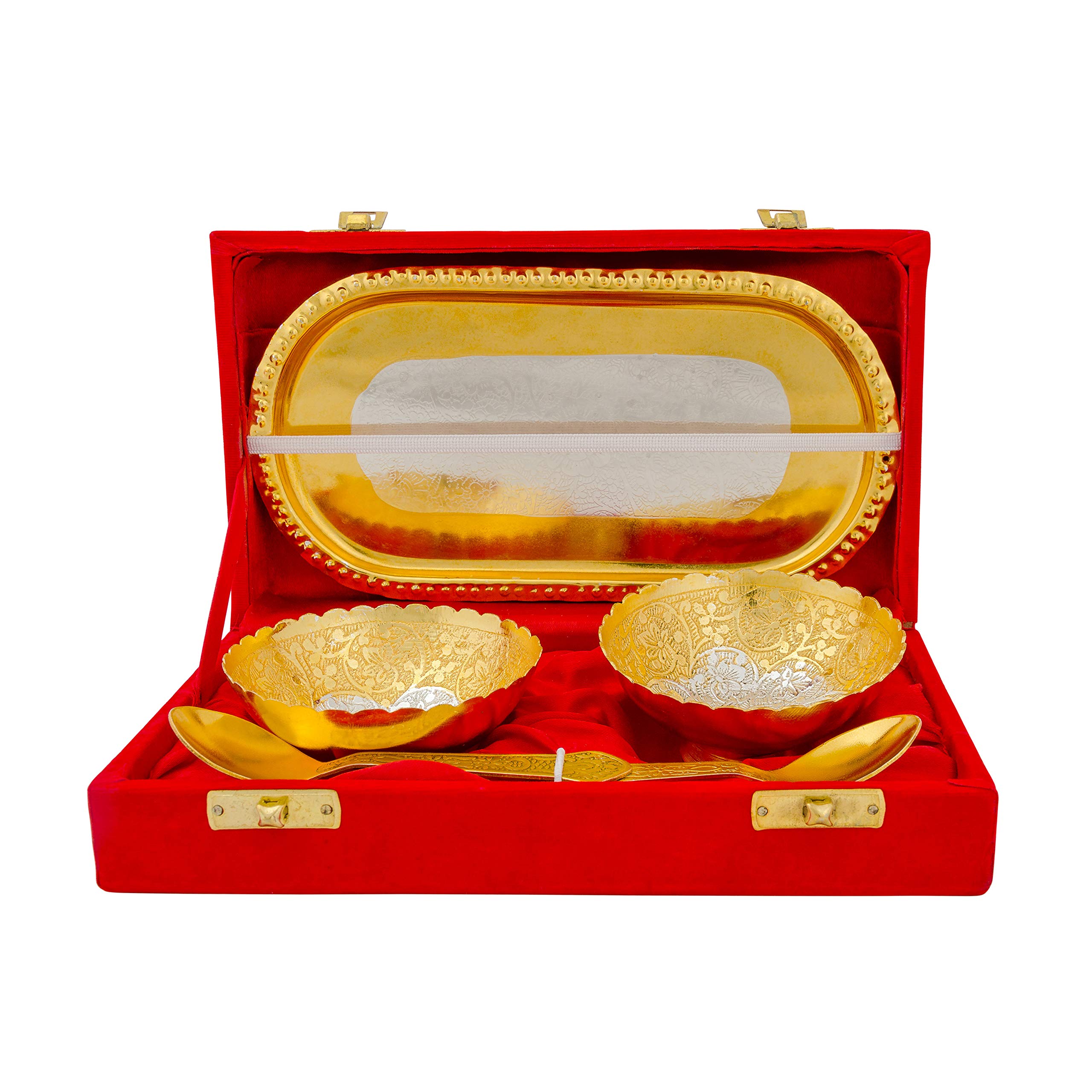 NAU NIDH Handcrafted Brass Bowl Set of 2 Silver Coating Inside and Golden COATIONG Outside with Two Spoon and Tray Set